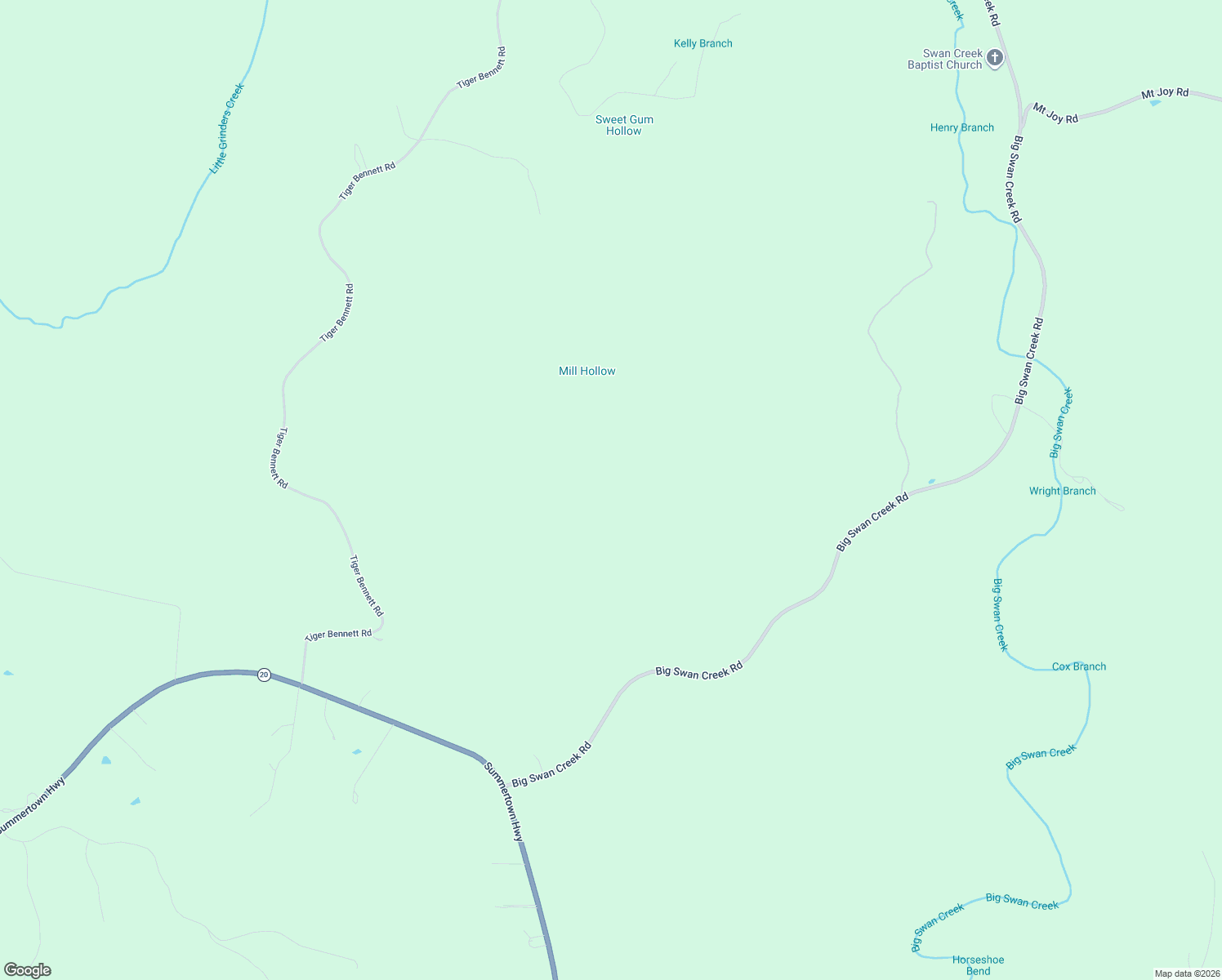 map of restaurants, bars, coffee shops, grocery stores, and more near 1420 Big Swan Creek Rd in Summertown