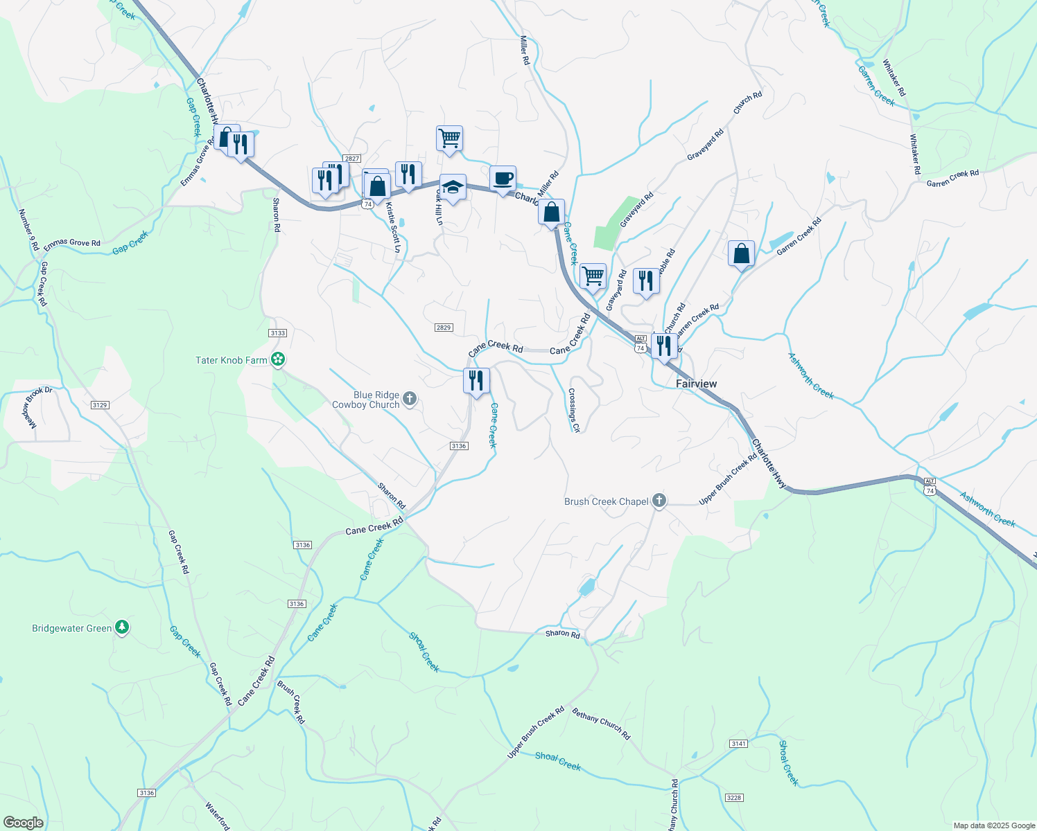 map of restaurants, bars, coffee shops, grocery stores, and more near Cane Crest Circle in Fairview