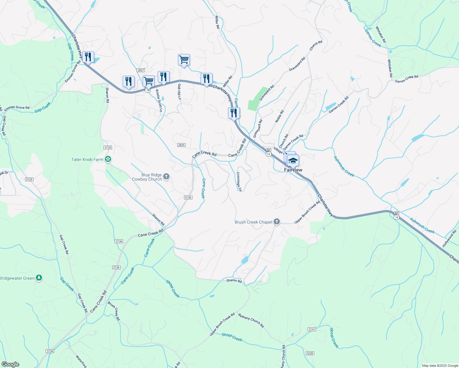 map of restaurants, bars, coffee shops, grocery stores, and more near 105 Cane Crest Circle in Fairview