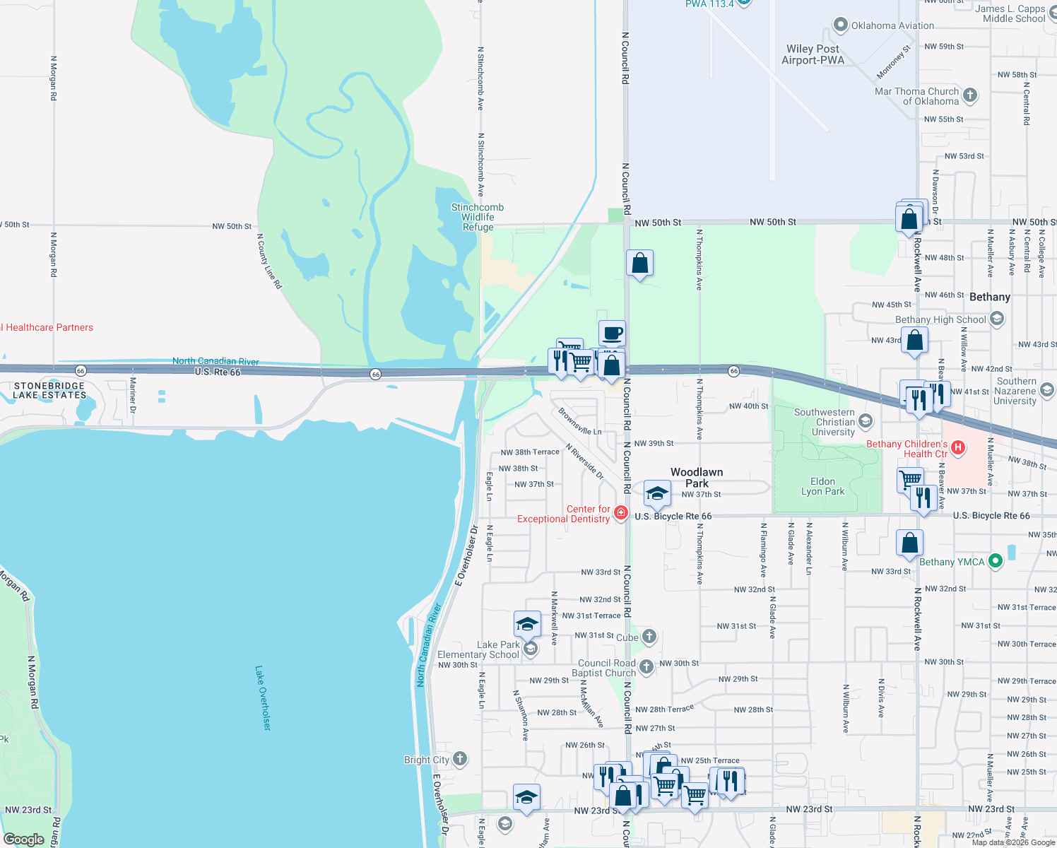 map of restaurants, bars, coffee shops, grocery stores, and more near 4008 North Shannon Avenue in Bethany