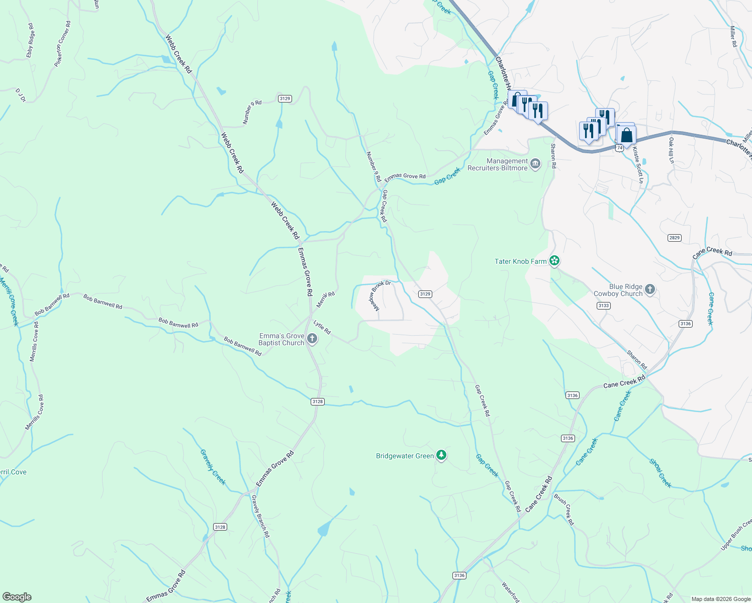 map of restaurants, bars, coffee shops, grocery stores, and more near 6 Meadow Brook Drive in Fletcher