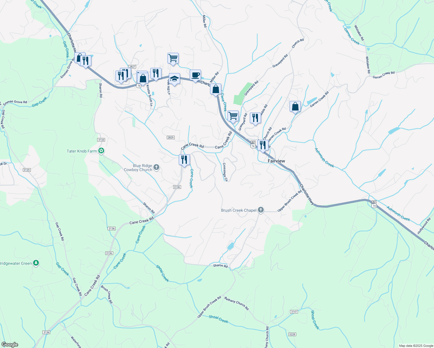 map of restaurants, bars, coffee shops, grocery stores, and more near 105 Cane Crest Circle in Fairview
