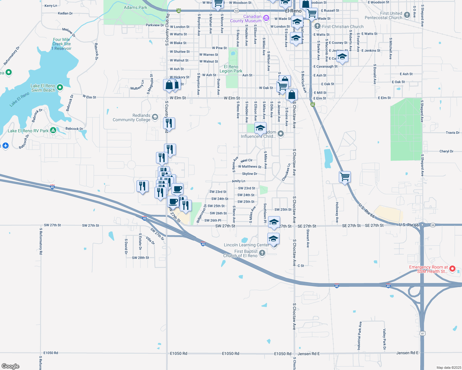 map of restaurants, bars, coffee shops, grocery stores, and more near 1604 South Reno Avenue in El Reno