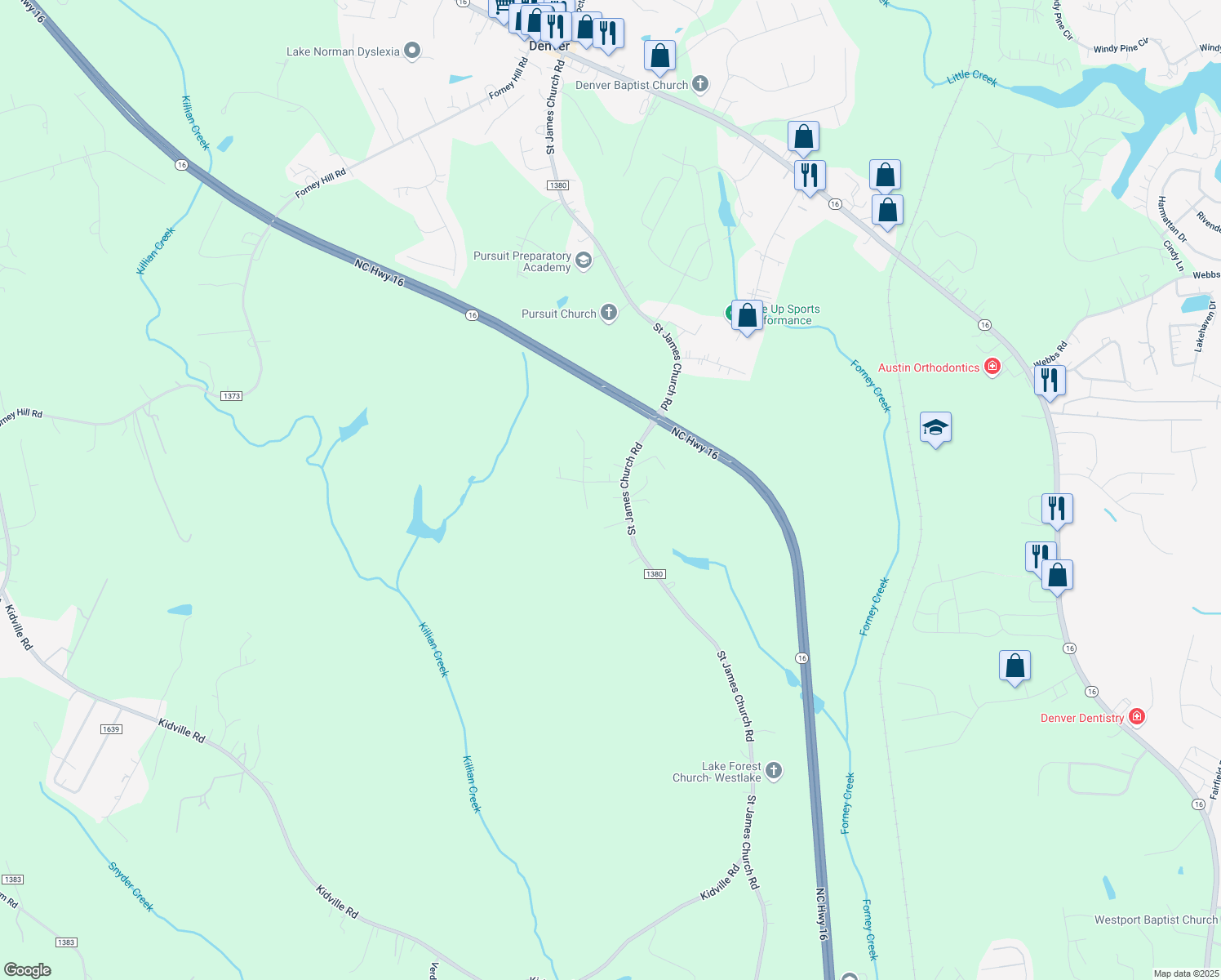 map of restaurants, bars, coffee shops, grocery stores, and more near 2823 Saint James Church Road in Denver