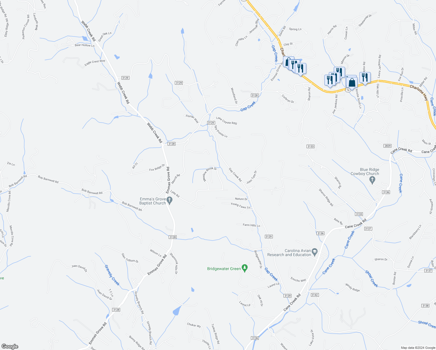 map of restaurants, bars, coffee shops, grocery stores, and more near 26 Meadowbrook Drive in Fletcher
