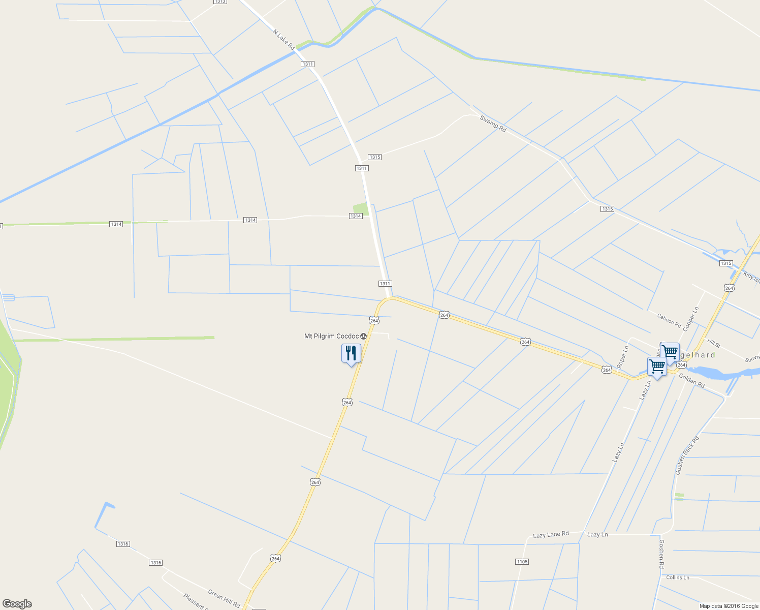 map of restaurants, bars, coffee shops, grocery stores, and more near U.S. 264 in Engelhard