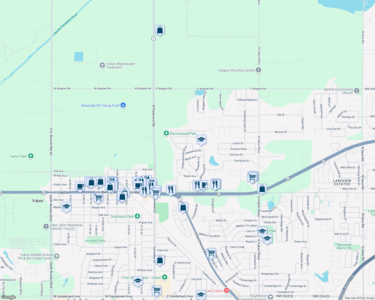 map of restaurants, bars, coffee shops, grocery stores, and more near 507 N Ranchwood Blvd in Yukon