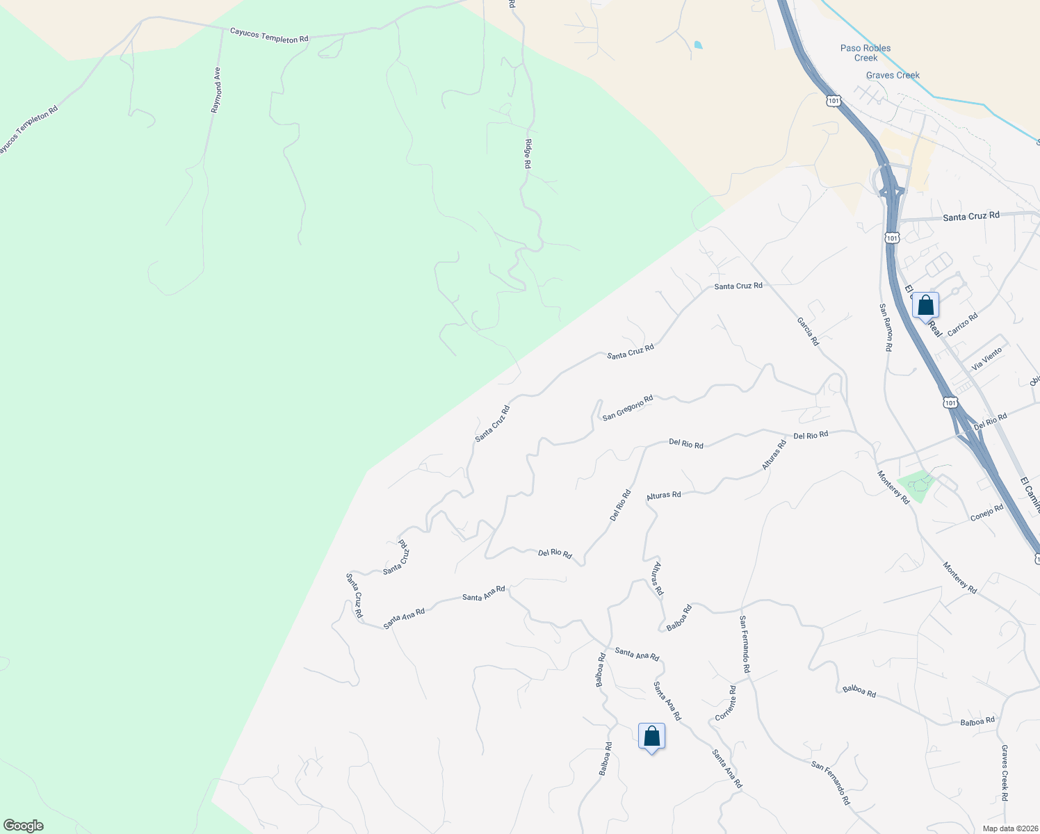map of restaurants, bars, coffee shops, grocery stores, and more near 8505 Santa Cruz Road in Atascadero