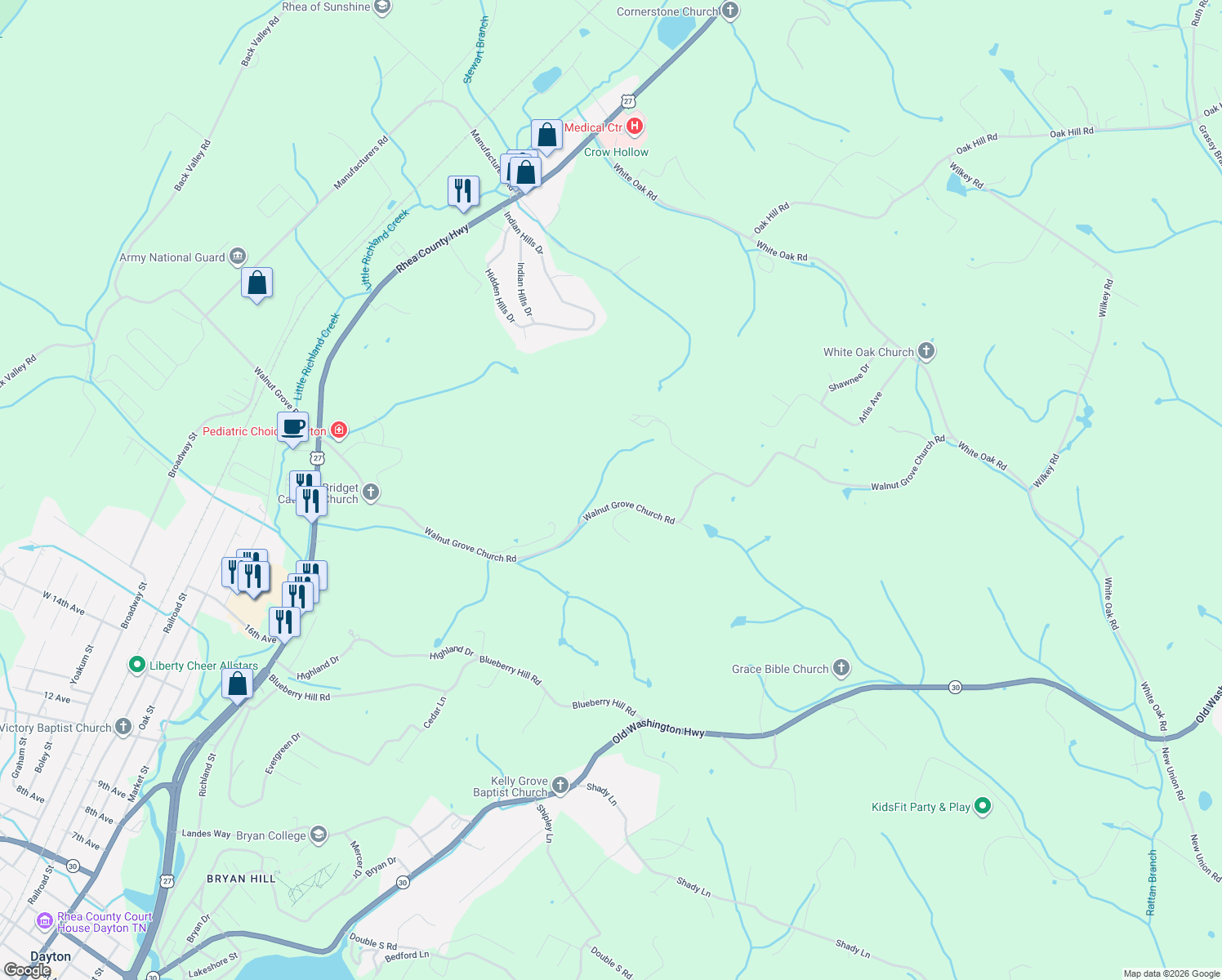 map of restaurants, bars, coffee shops, grocery stores, and more near 1159 Walnut Grove Church Road in Dayton