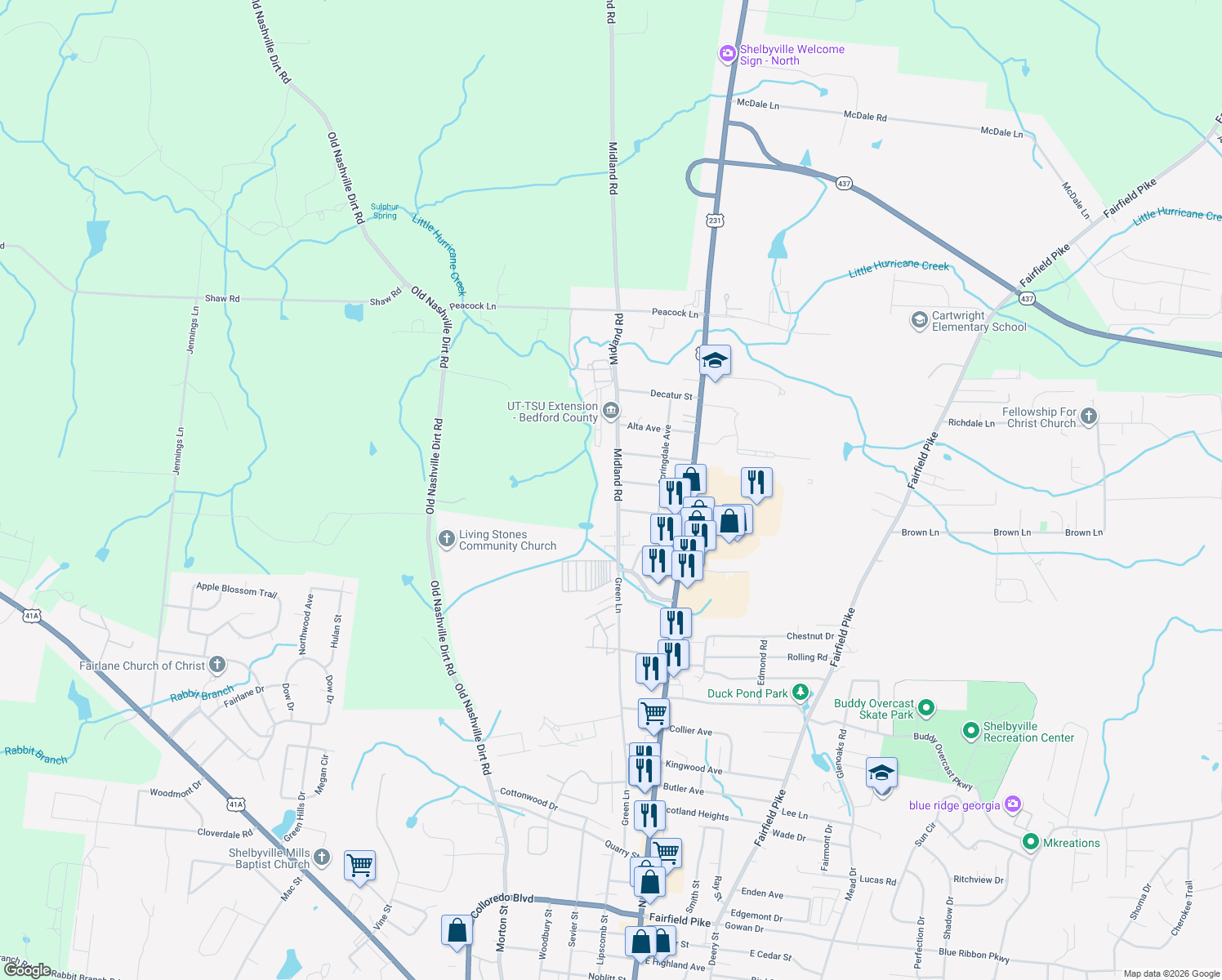 map of restaurants, bars, coffee shops, grocery stores, and more near 1809 Midland Road in Shelbyville
