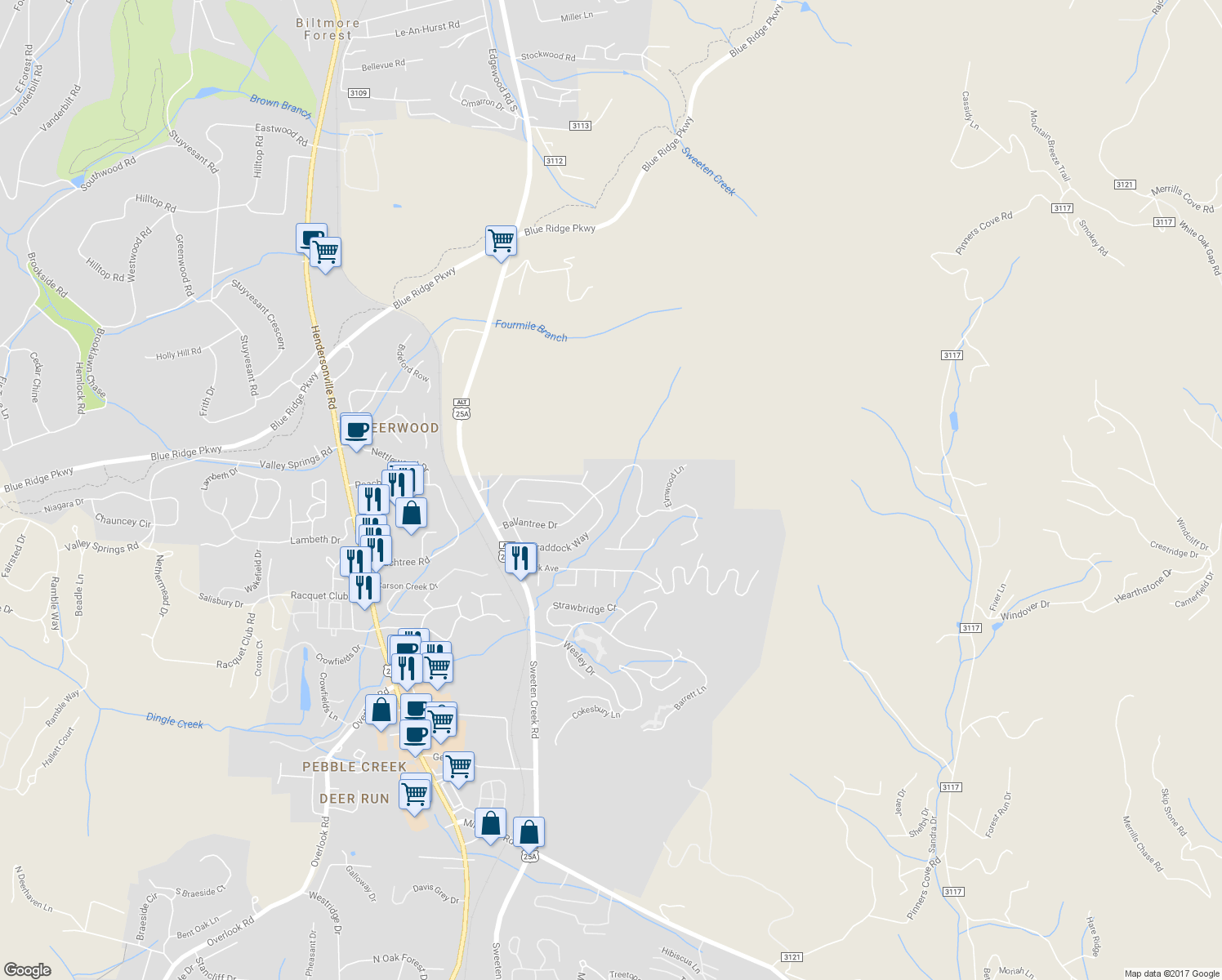 map of restaurants, bars, coffee shops, grocery stores, and more near 29 Ballantree Drive in Asheville