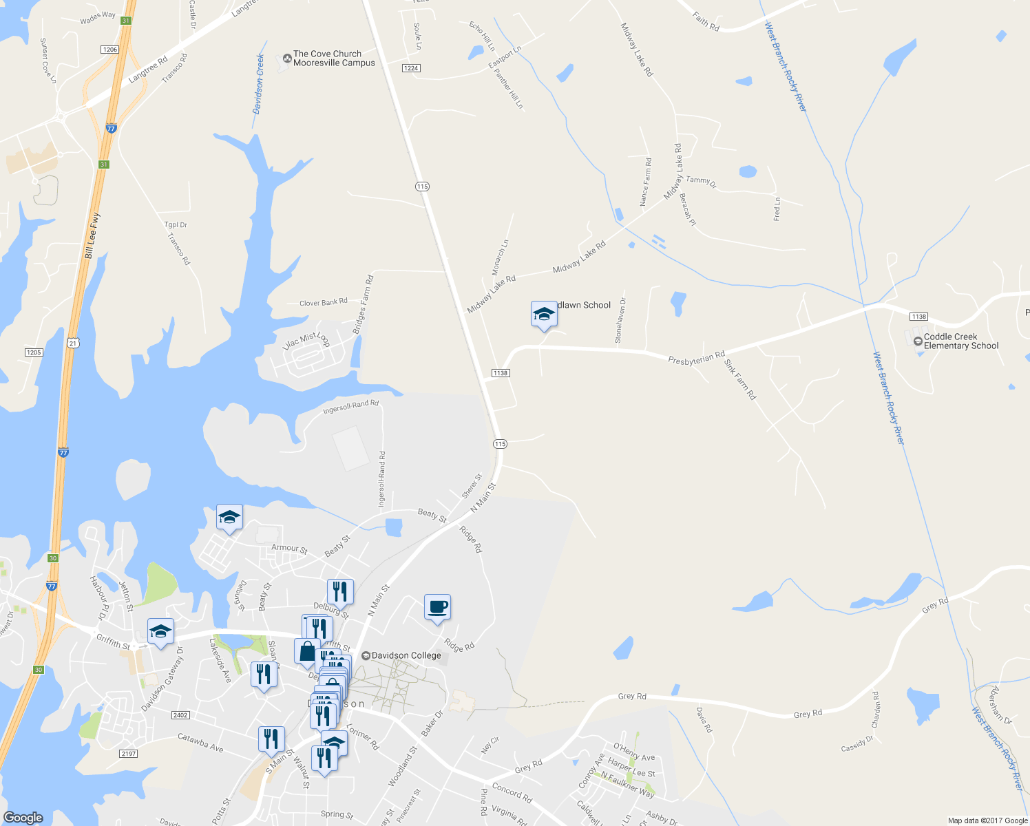 map of restaurants, bars, coffee shops, grocery stores, and more near 118 Rockwell Loop in Mooresville