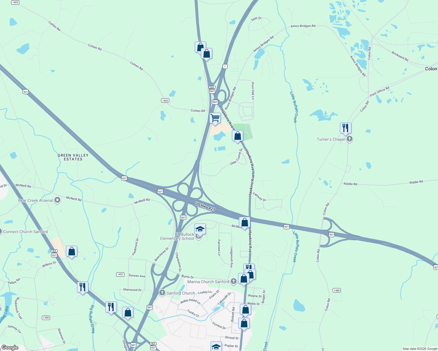 map of restaurants, bars, coffee shops, grocery stores, and more near 312 Olde Towne Drive in Sanford