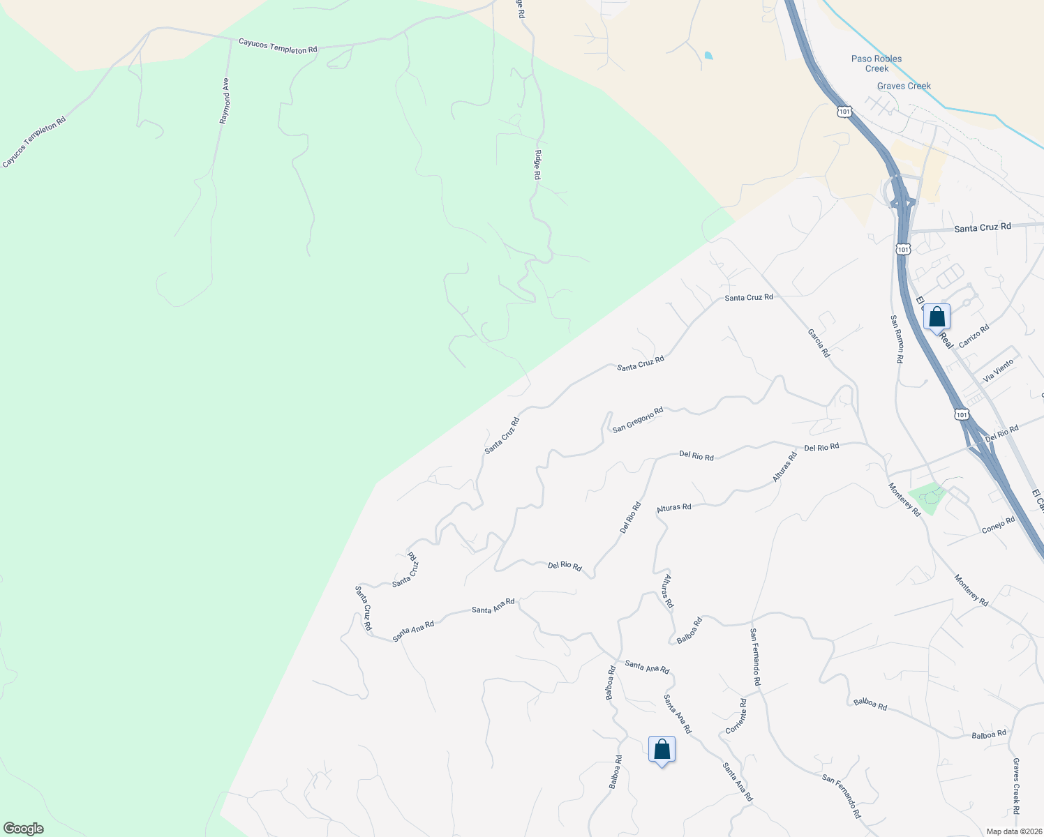 map of restaurants, bars, coffee shops, grocery stores, and more near 8505 Santa Cruz Road in Atascadero