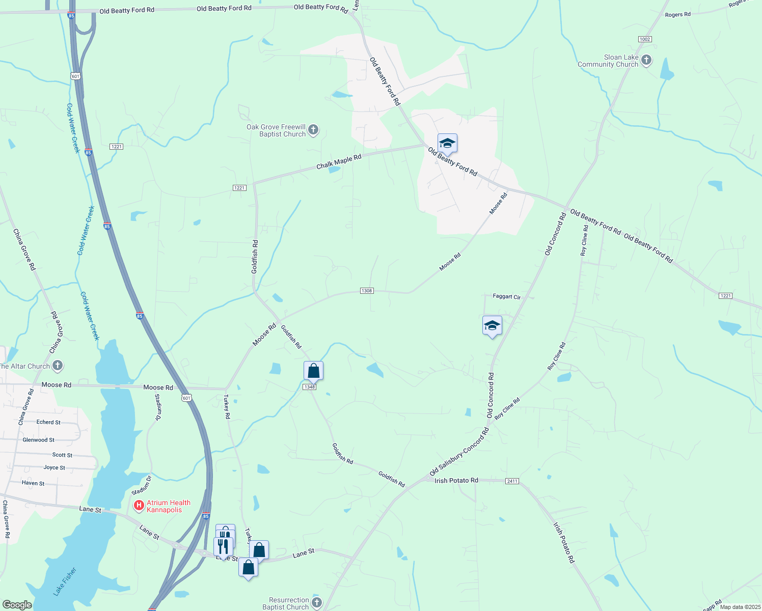 map of restaurants, bars, coffee shops, grocery stores, and more near 4150 Moose Road in China Grove