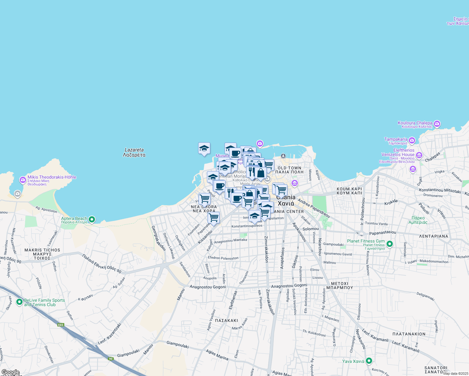 map of restaurants, bars, coffee shops, grocery stores, and more near 46 Meletiou Metaxaki in Chania