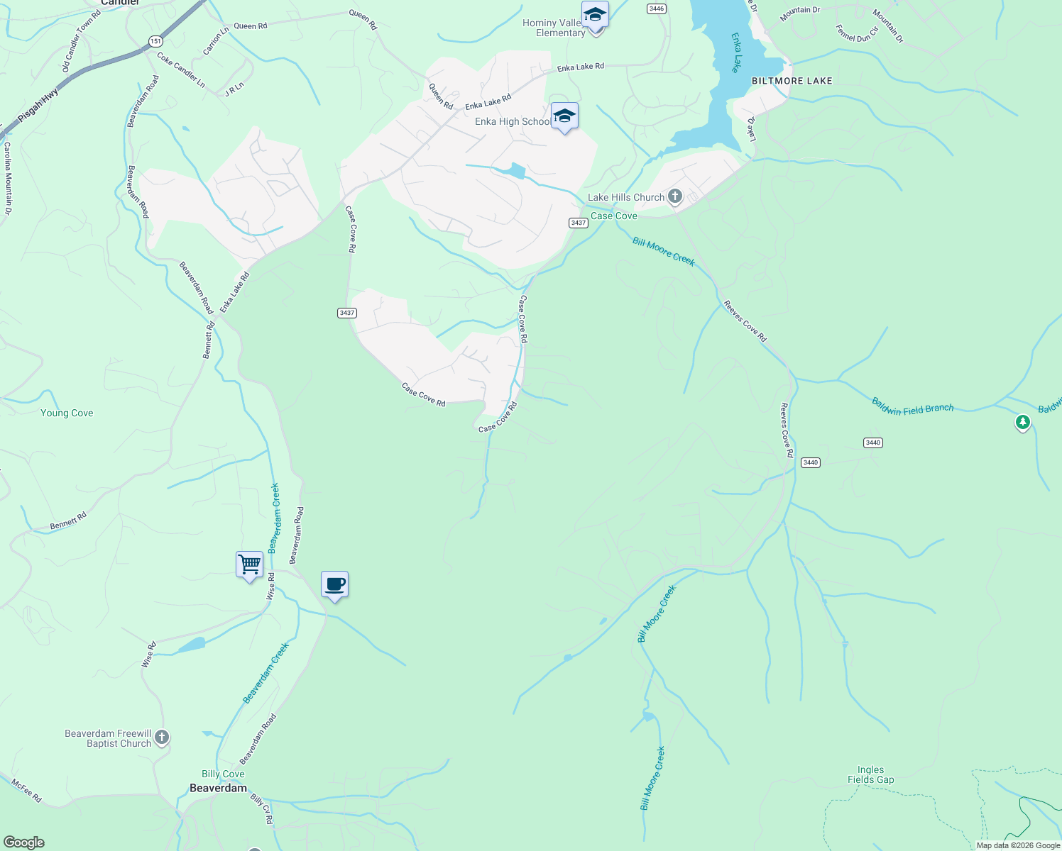 map of restaurants, bars, coffee shops, grocery stores, and more near 633 Case Cove Road in Candler