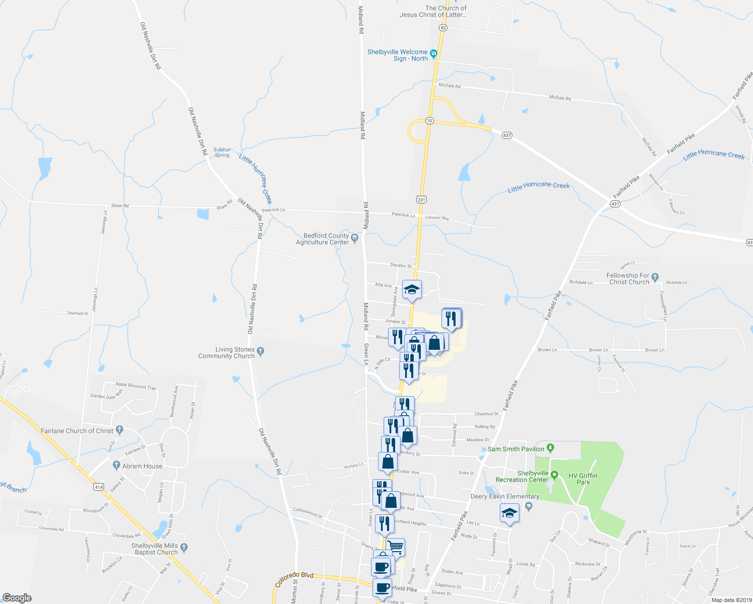 map of restaurants, bars, coffee shops, grocery stores, and more near 214 Austin Avenue in Shelbyville