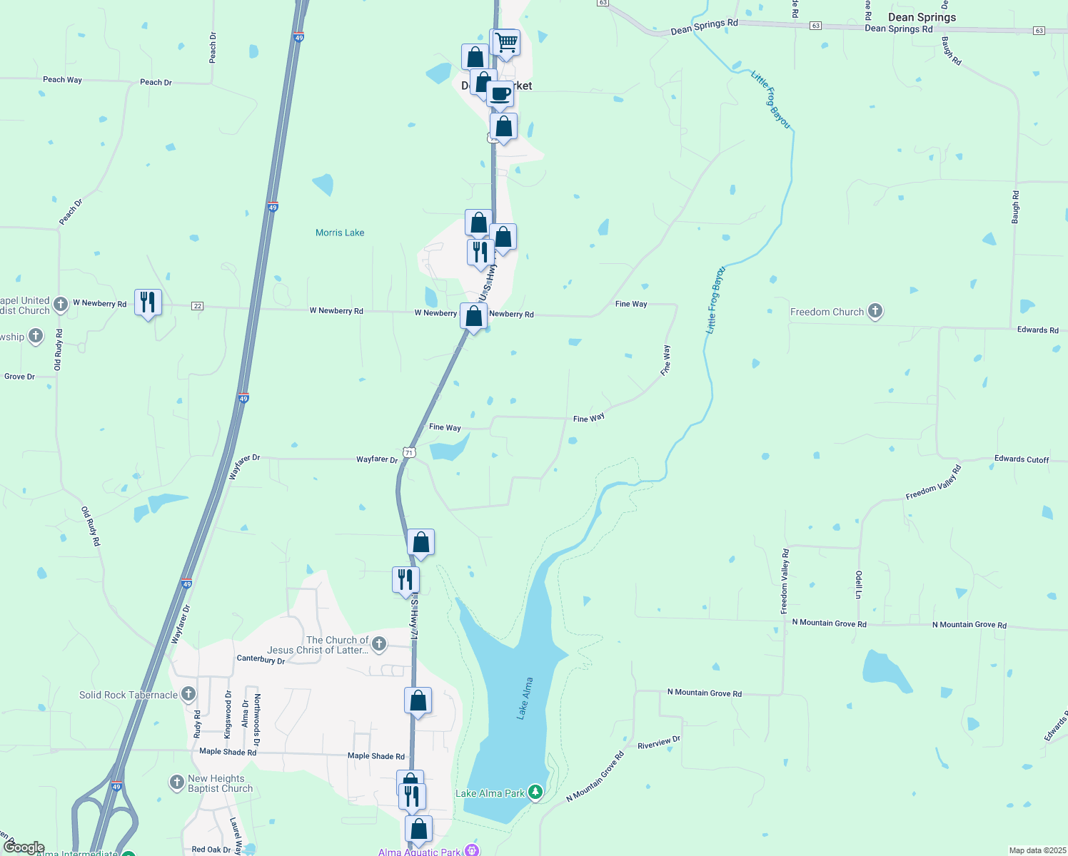 map of restaurants, bars, coffee shops, grocery stores, and more near 403 Fine Way in Alma