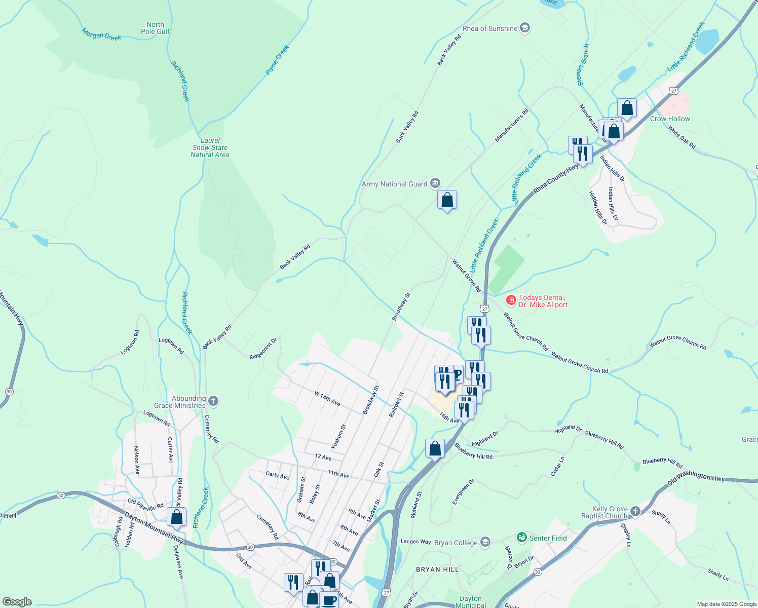 map of restaurants, bars, coffee shops, grocery stores, and more near Mountain Creek in Dayton