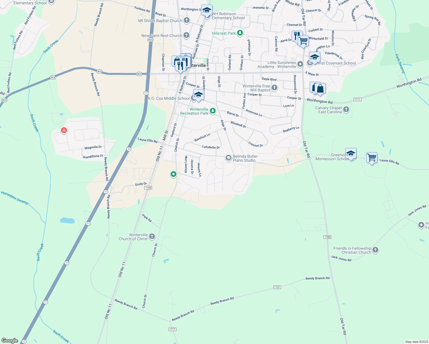 map of restaurants, bars, coffee shops, grocery stores, and more near 2907 Calla Lilly Lane in Winterville