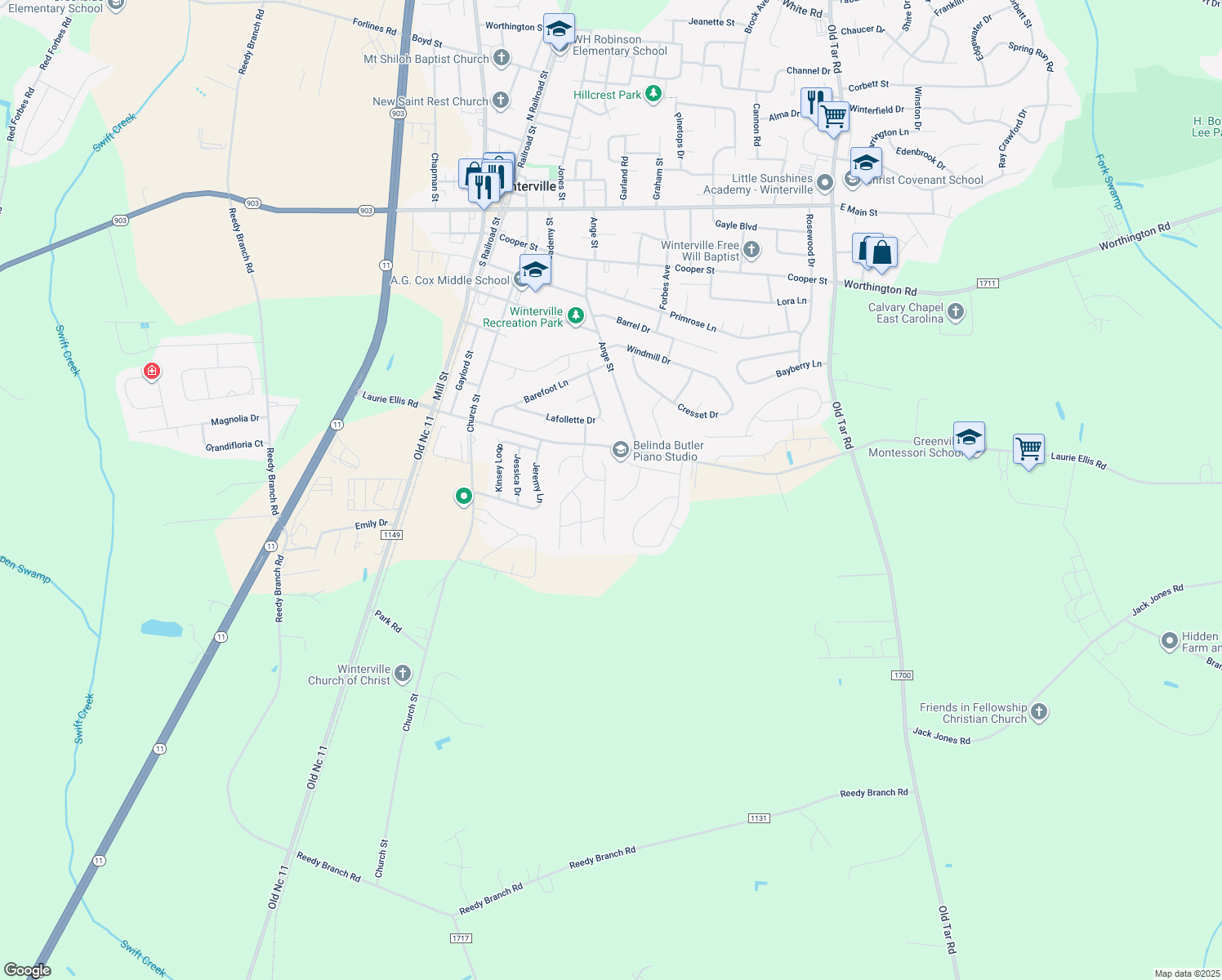 map of restaurants, bars, coffee shops, grocery stores, and more near 2841 Verbena Way in Winterville
