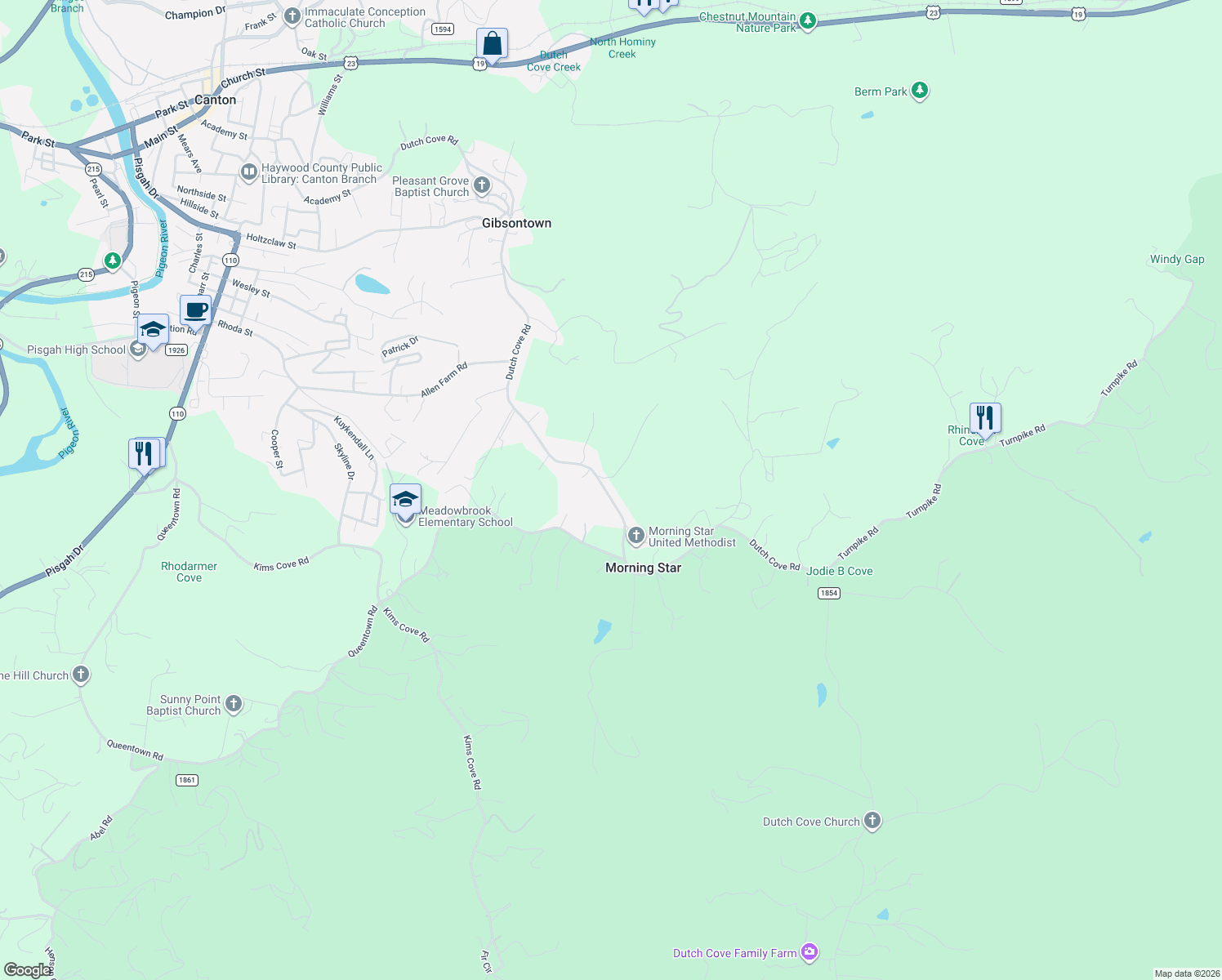 map of restaurants, bars, coffee shops, grocery stores, and more near 2422 Dutch Cove Road in Canton