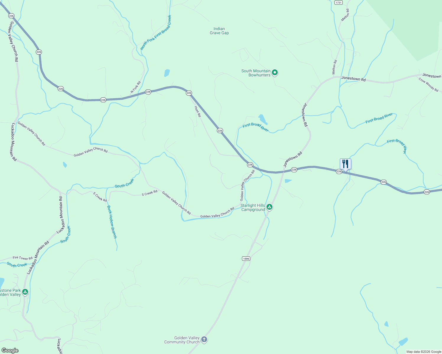 map of restaurants, bars, coffee shops, grocery stores, and more near 468 Golden Valley Church Road in Bostic