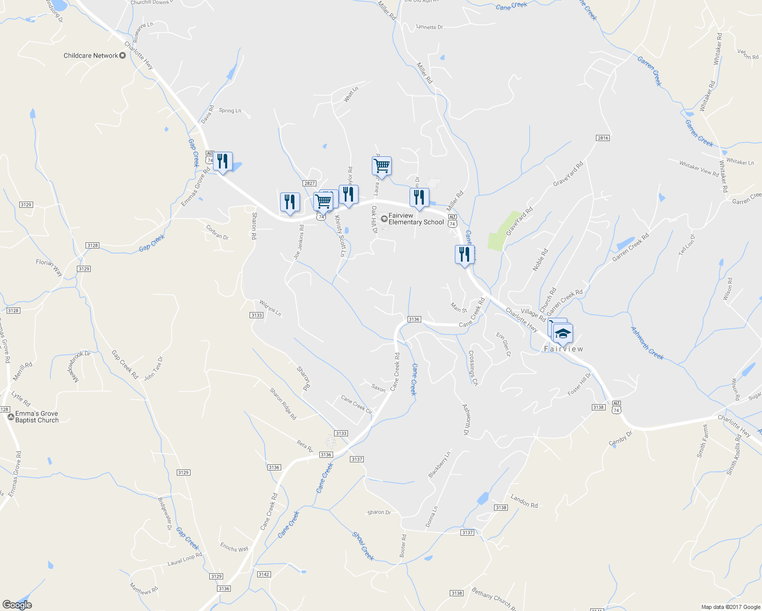 map of restaurants, bars, coffee shops, grocery stores, and more near 35 McGee Circle in Fairview