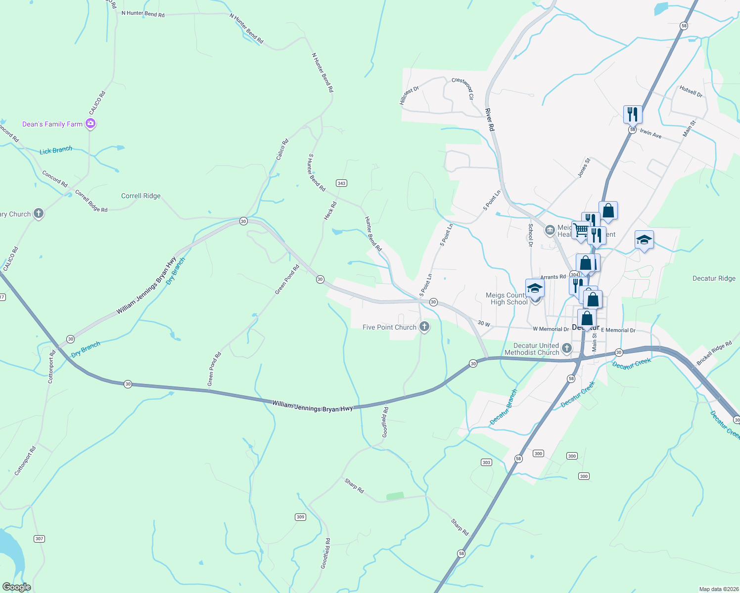 map of restaurants, bars, coffee shops, grocery stores, and more near 4847 State Highway 30 in Decatur