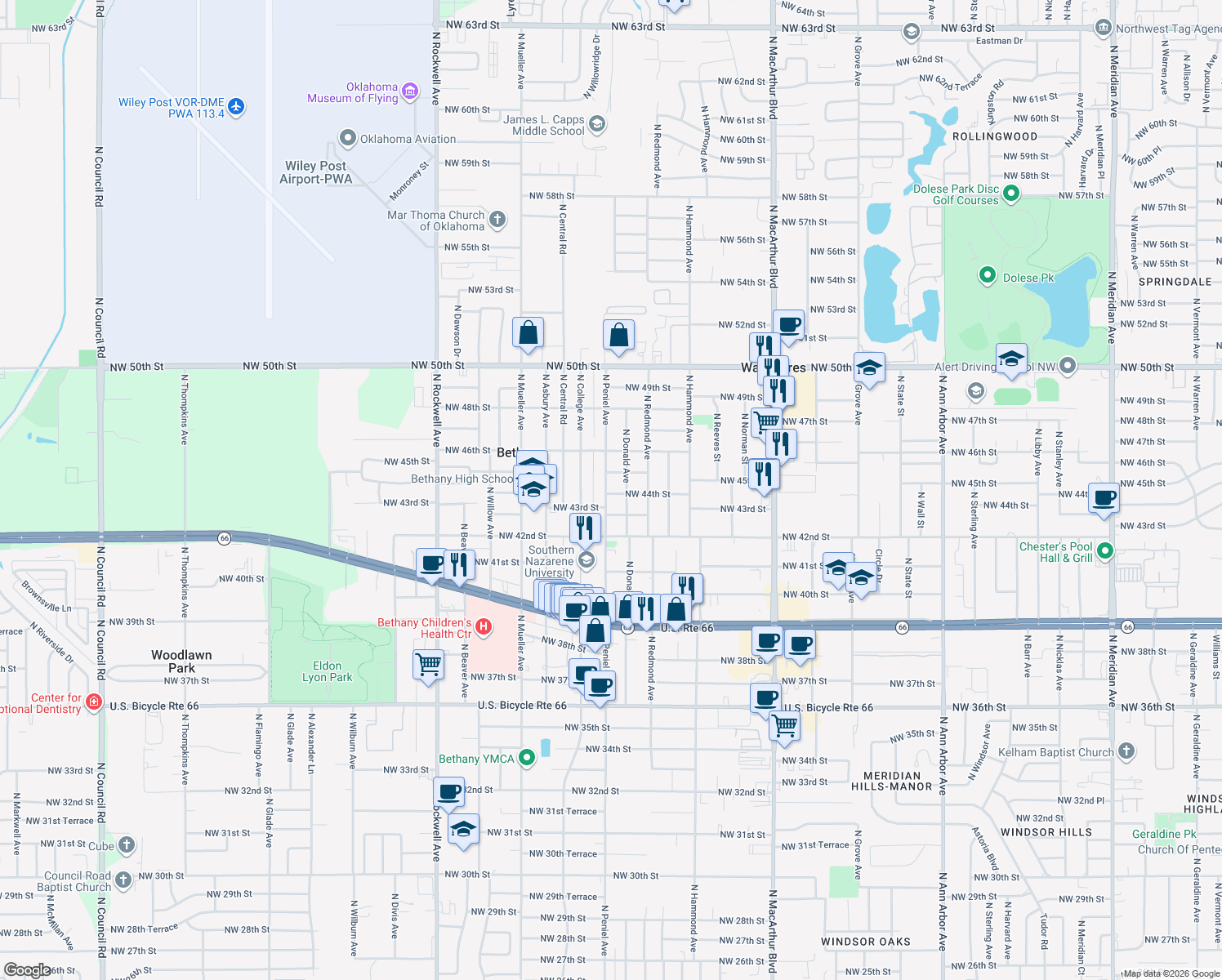 map of restaurants, bars, coffee shops, grocery stores, and more near 4500 North Peniel Avenue in Bethany