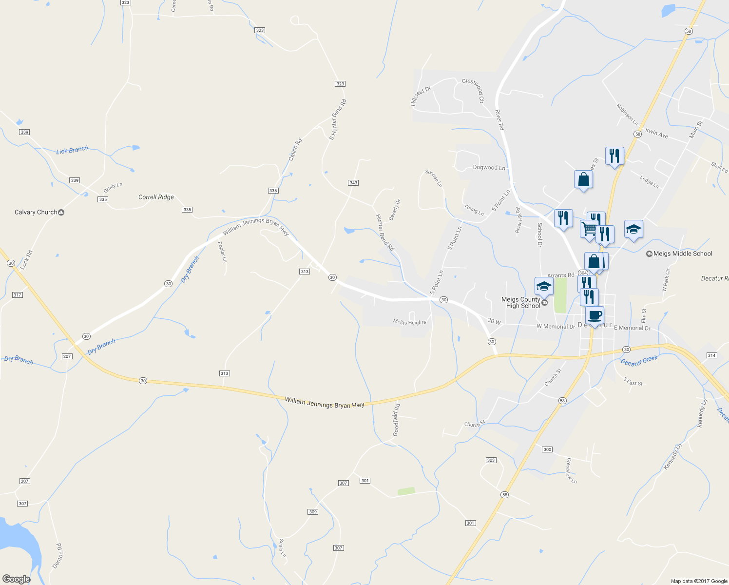 map of restaurants, bars, coffee shops, grocery stores, and more near 4748 Highway 30 in Decatur
