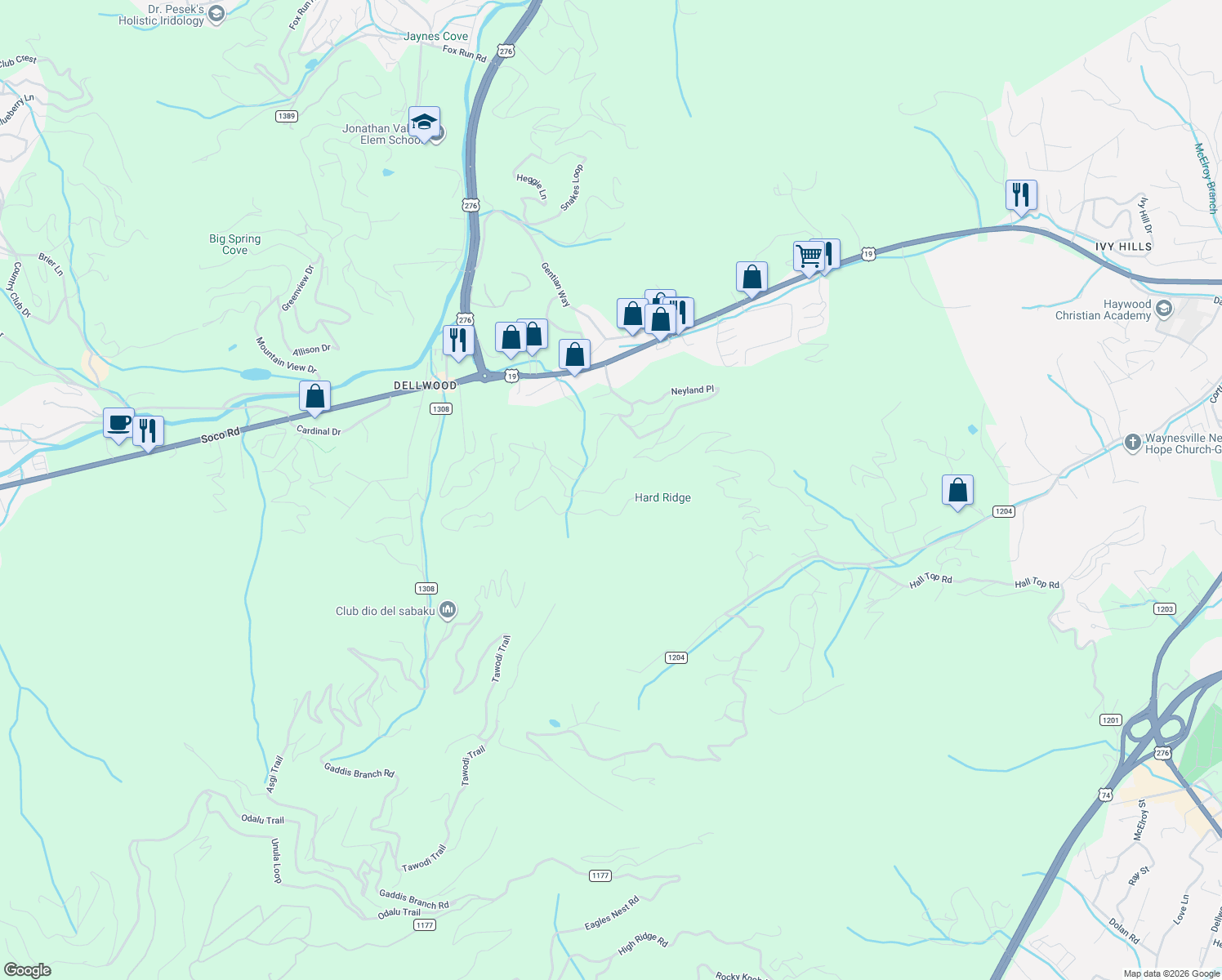 map of restaurants, bars, coffee shops, grocery stores, and more near 184 Floyd Road in Waynesville