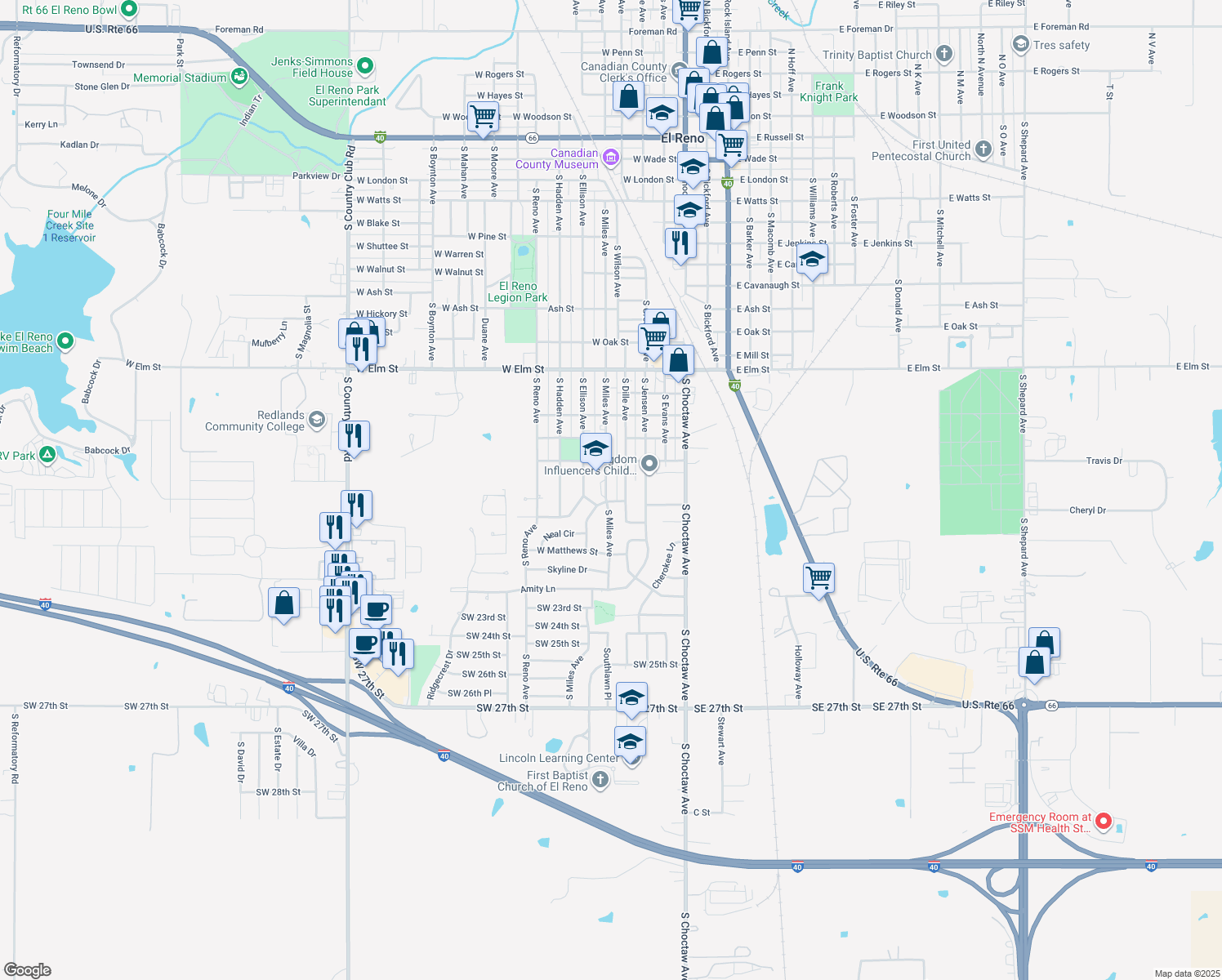 map of restaurants, bars, coffee shops, grocery stores, and more near 1317 South Miles Avenue in El Reno