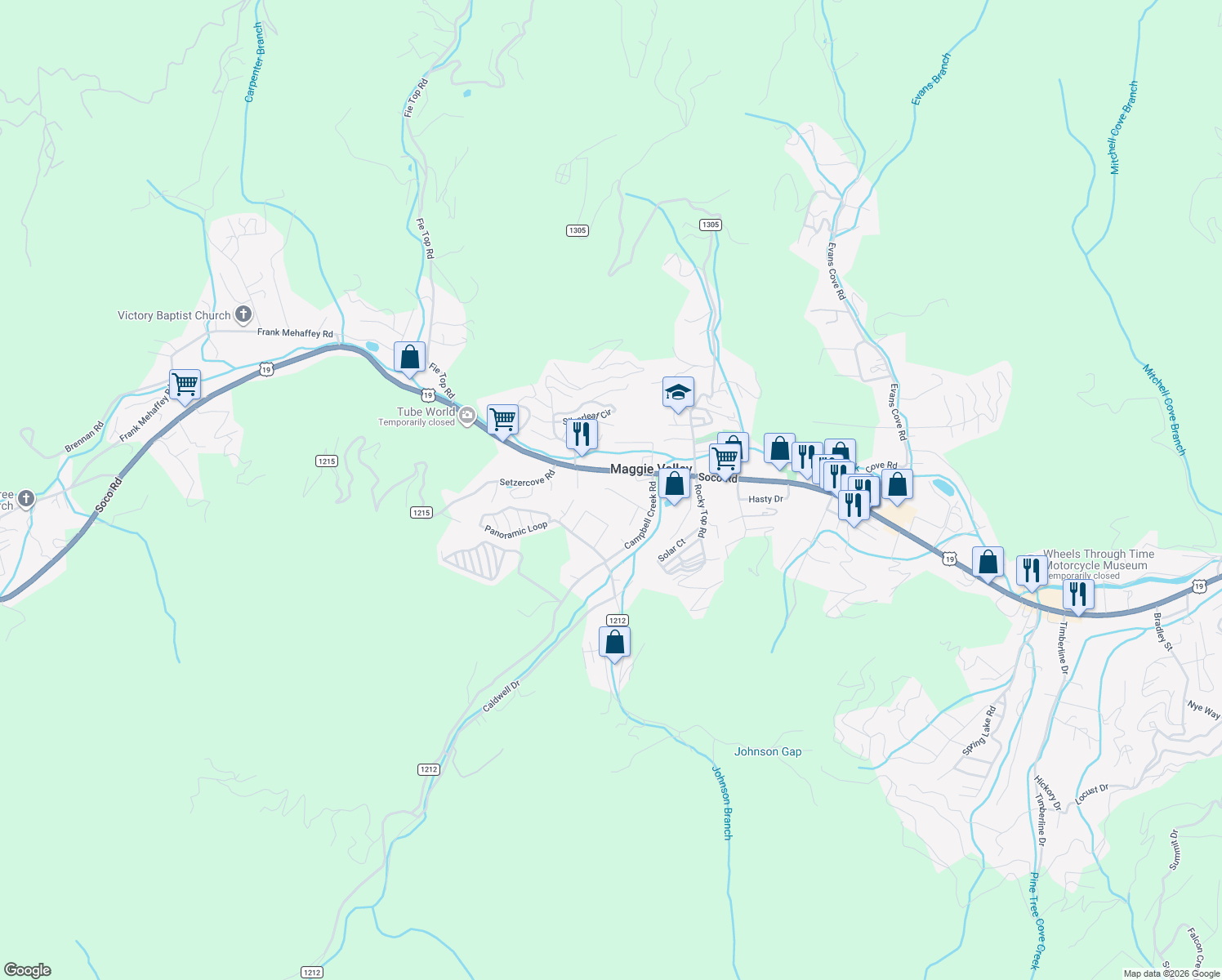 map of restaurants, bars, coffee shops, grocery stores, and more near 75 Fisher Loop in Maggie Valley