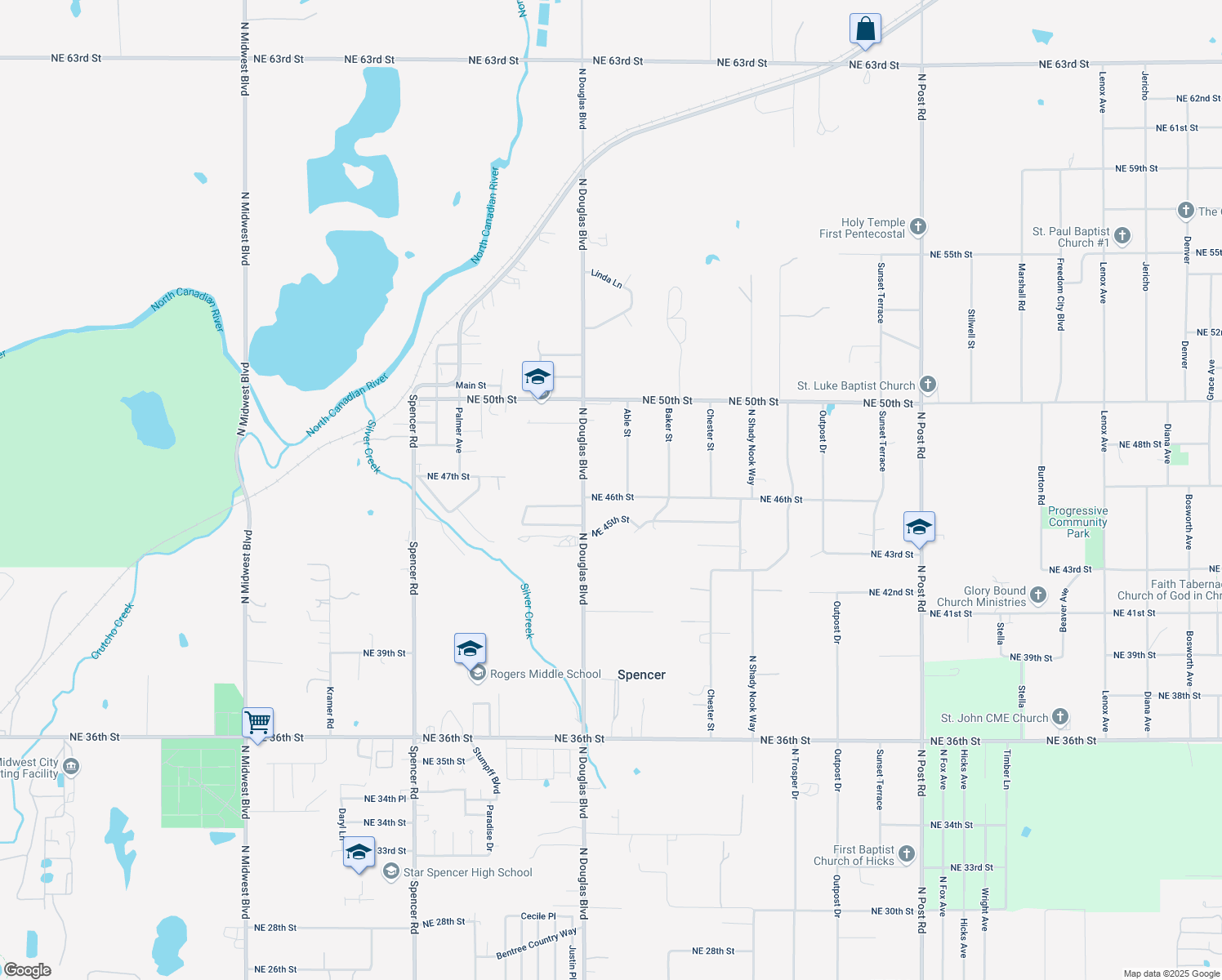 map of restaurants, bars, coffee shops, grocery stores, and more near 9117 Northeast 46th Street in Spencer