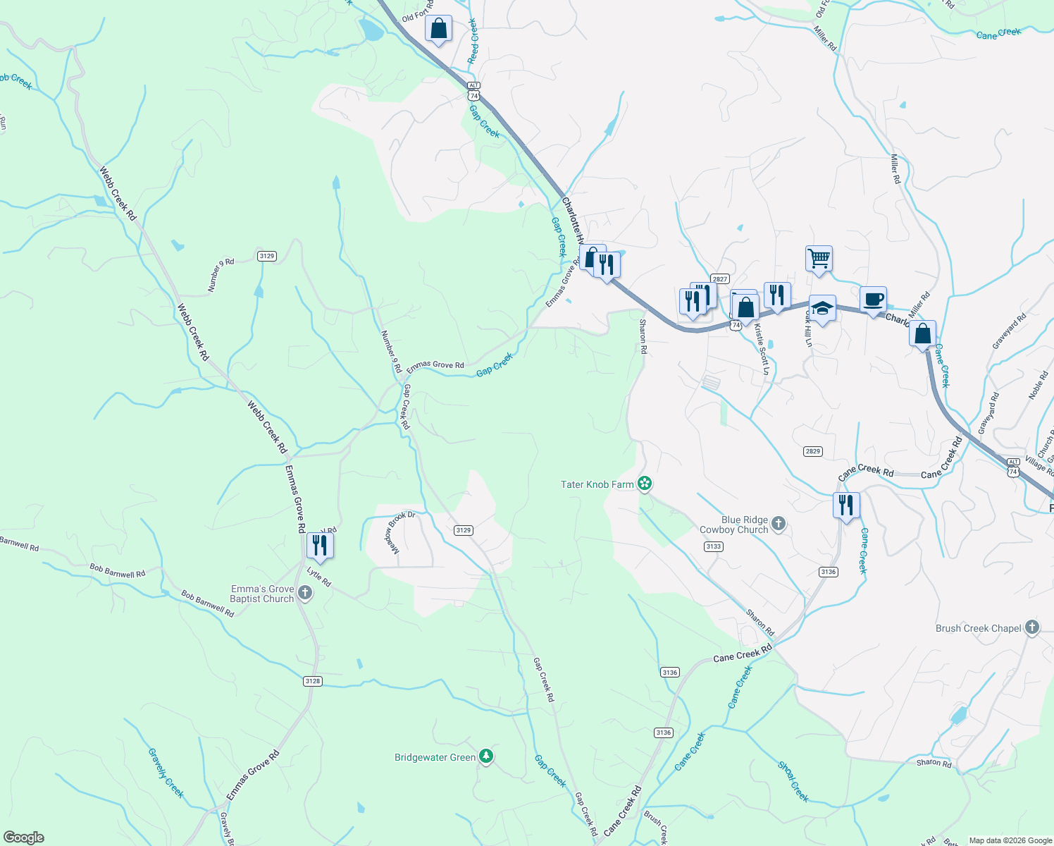 map of restaurants, bars, coffee shops, grocery stores, and more near 249 John Tate Drive in Fletcher