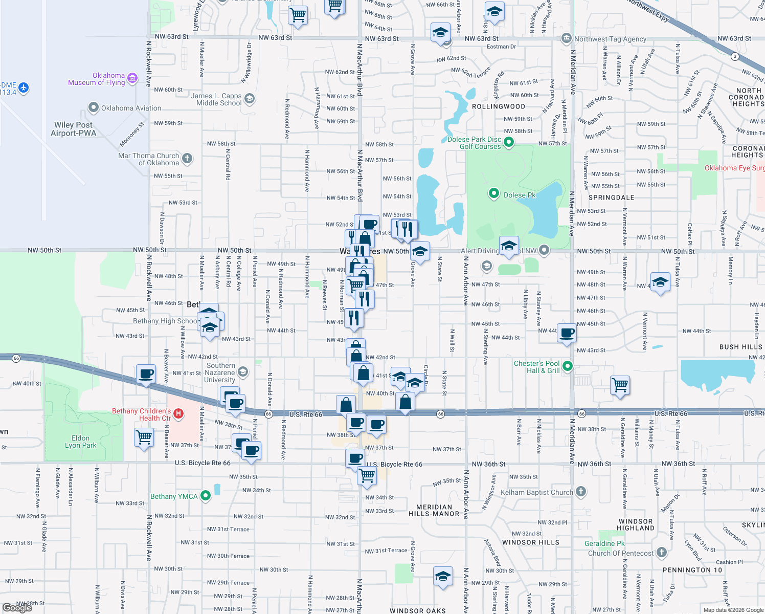 map of restaurants, bars, coffee shops, grocery stores, and more near 5805 Northwest 45th Street in Warr Acres