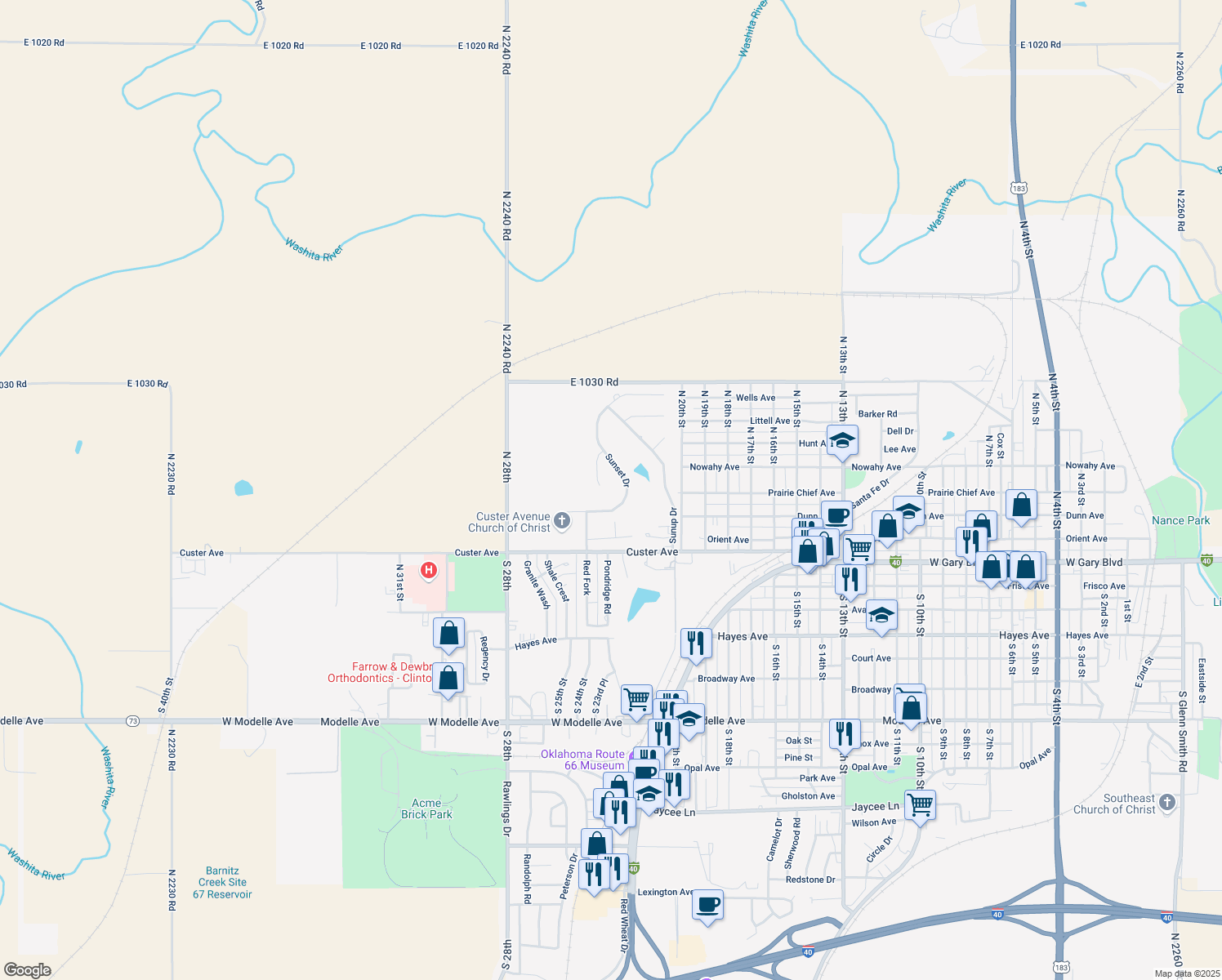 map of restaurants, bars, coffee shops, grocery stores, and more near 19 Sunset Place in Clinton
