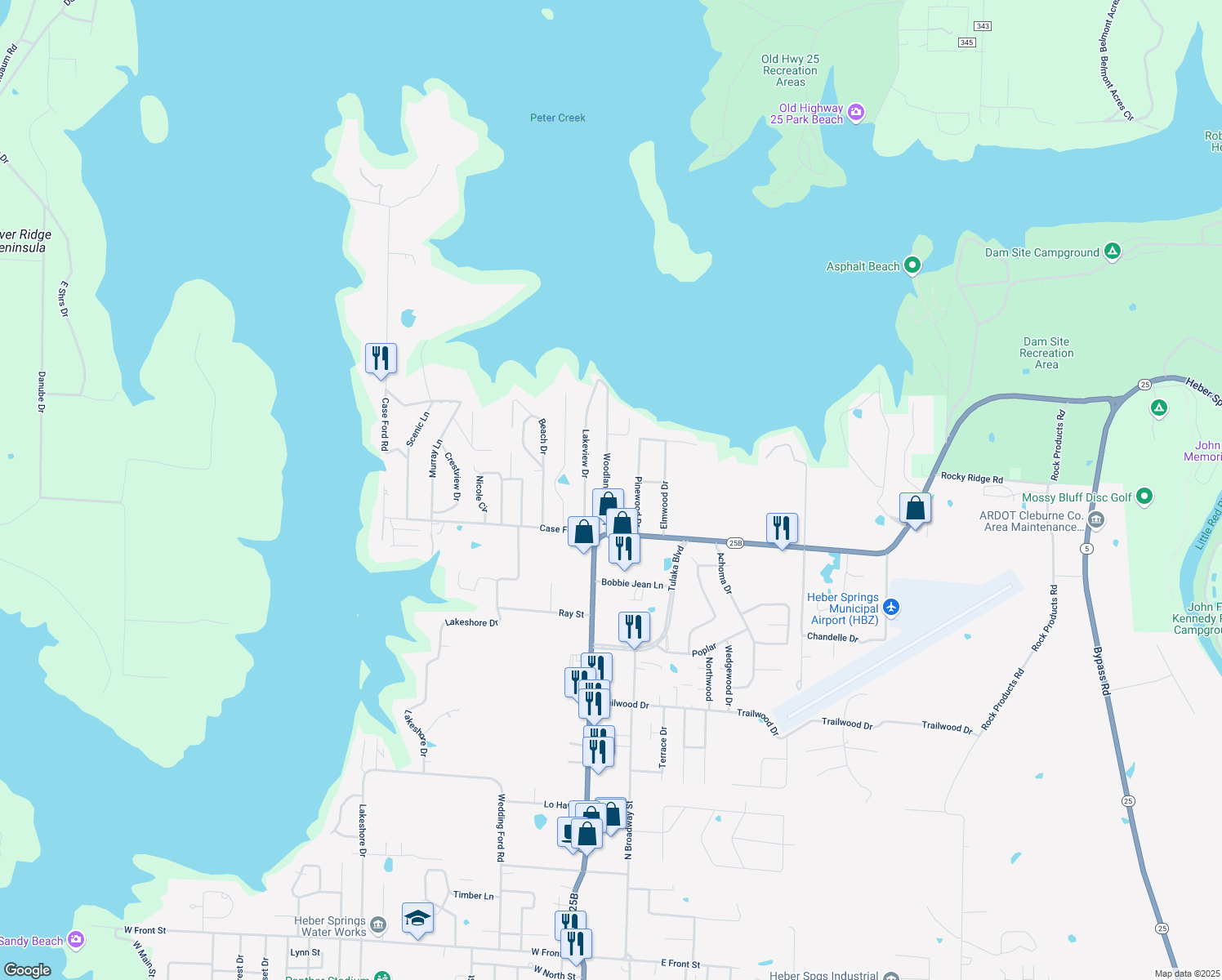map of restaurants, bars, coffee shops, grocery stores, and more near 2327 Woodland Bluff Drive in Heber Springs