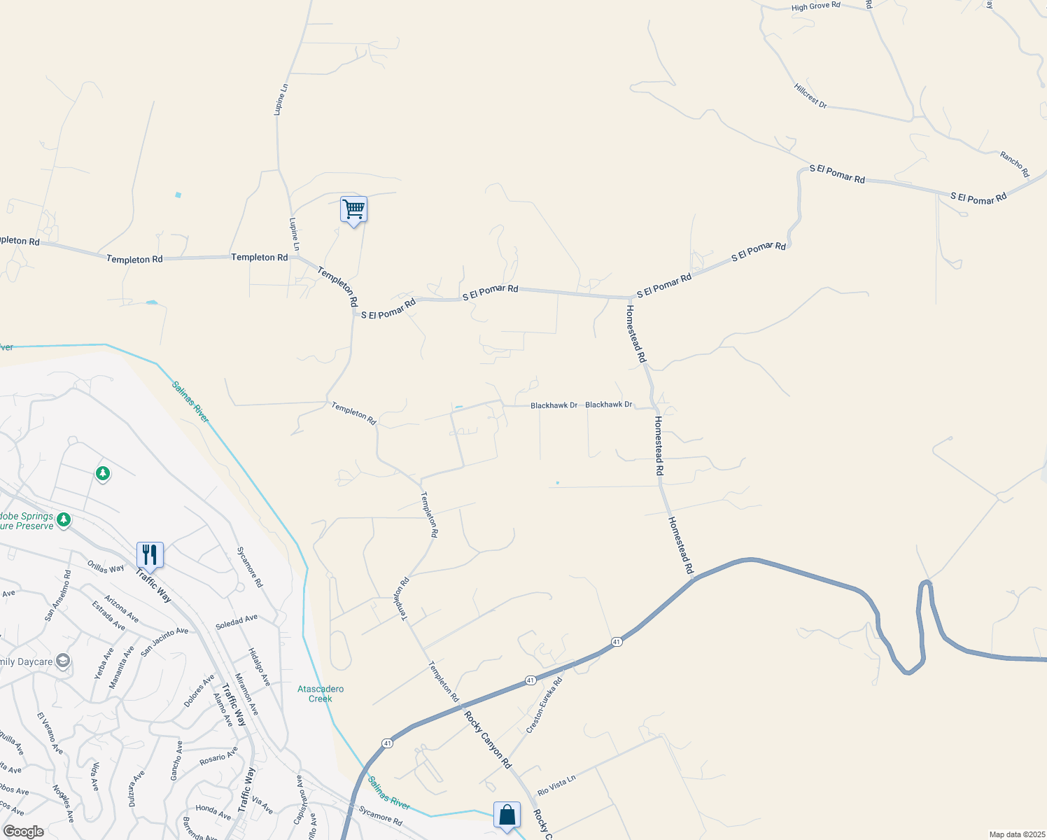map of restaurants, bars, coffee shops, grocery stores, and more near 3545 Blackhawk Drive in Templeton