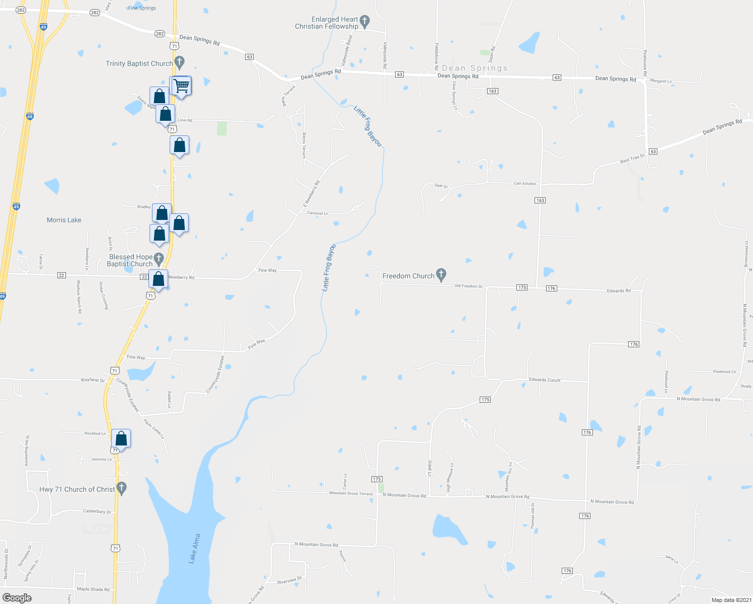 map of restaurants, bars, coffee shops, grocery stores, and more near 1301 Old Freedom Drive in Alma