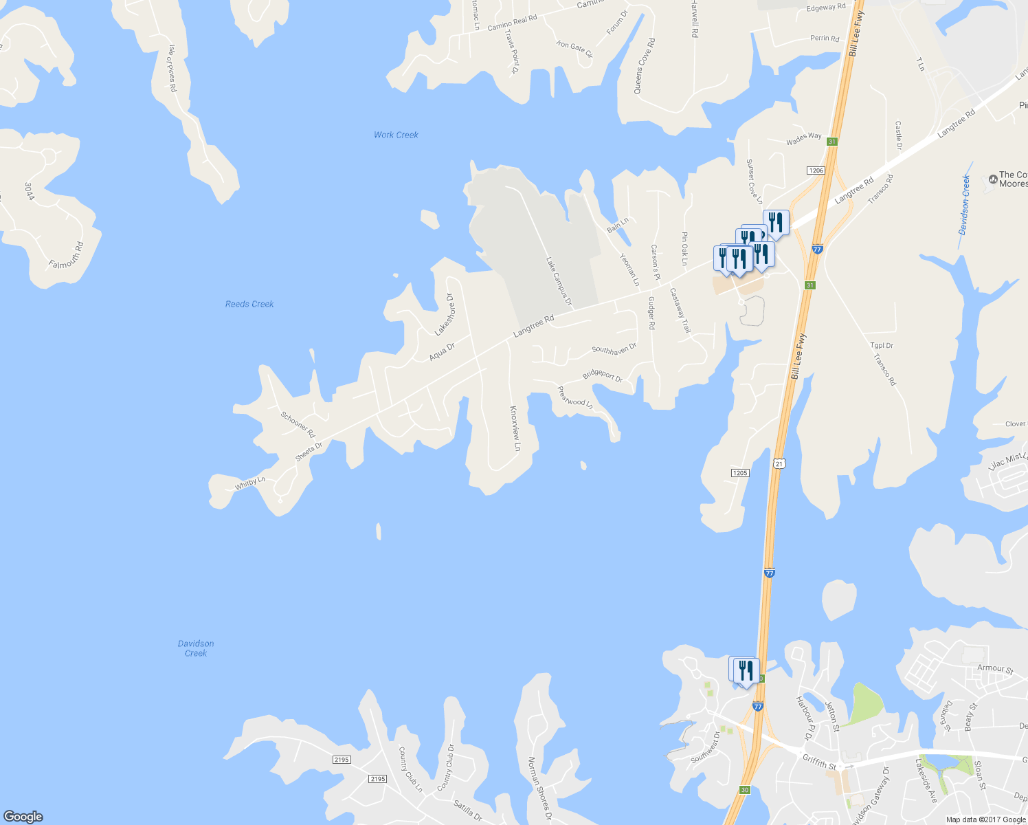map of restaurants, bars, coffee shops, grocery stores, and more near Knoxview Lane in Mooresville