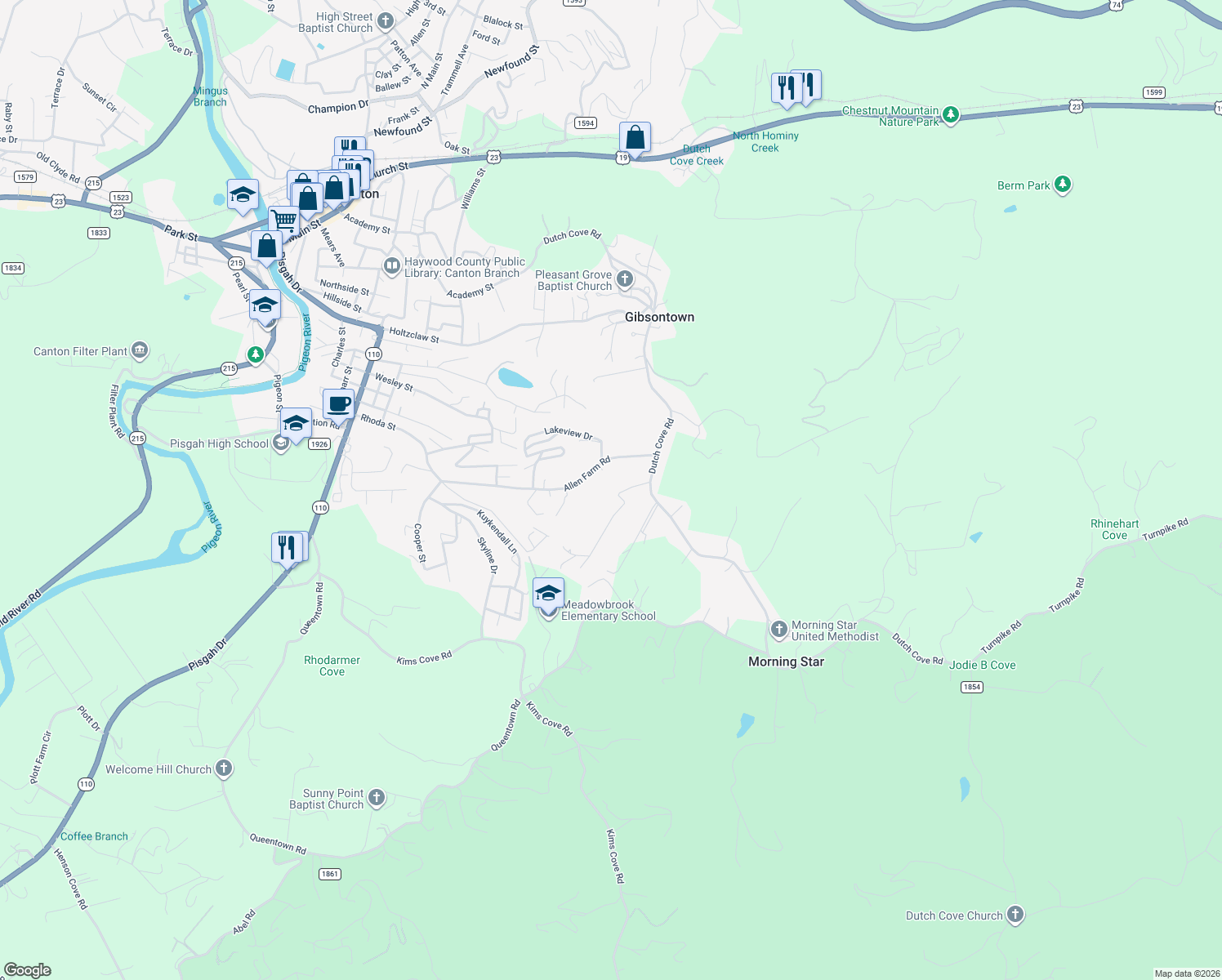 map of restaurants, bars, coffee shops, grocery stores, and more near 106 Pressley Road in Canton