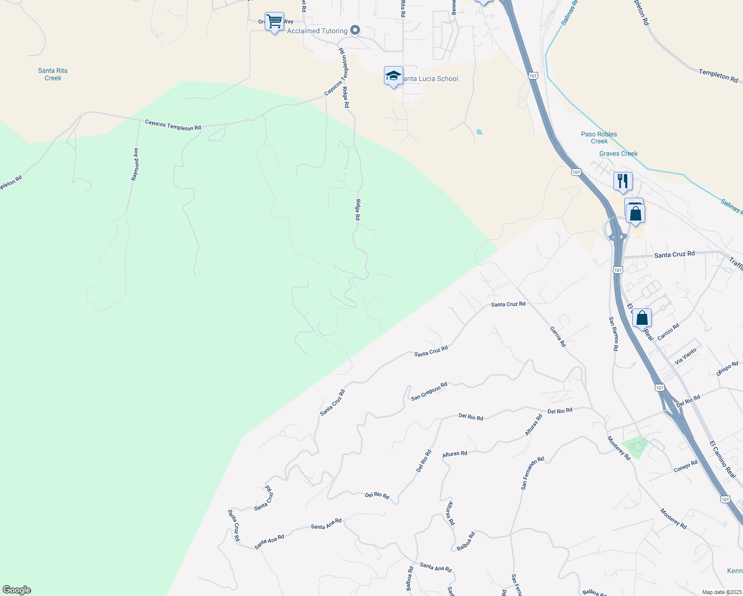 map of restaurants, bars, coffee shops, grocery stores, and more near 3561 Ridge Road in Templeton