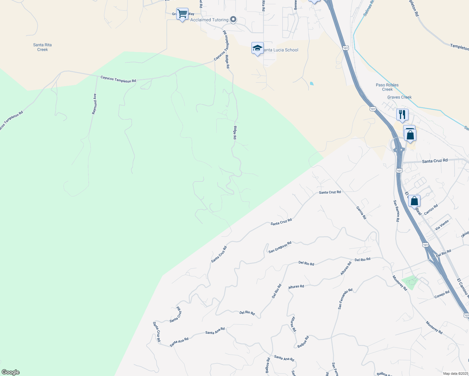 map of restaurants, bars, coffee shops, grocery stores, and more near 3561 Ridge Road in Templeton