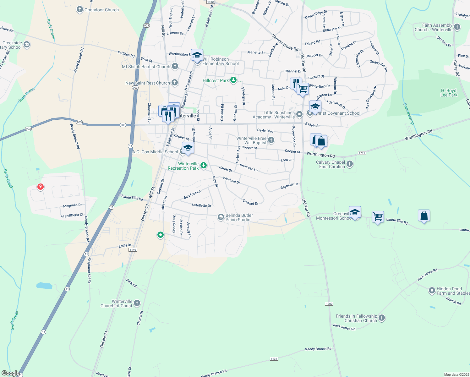 map of restaurants, bars, coffee shops, grocery stores, and more near 2753 Cresset Drive in Winterville
