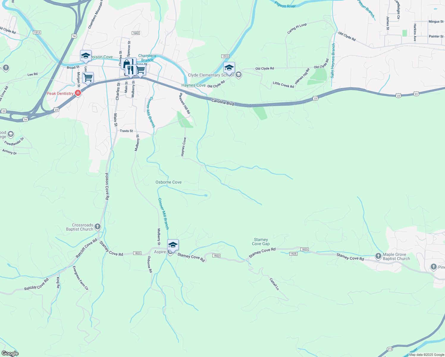 map of restaurants, bars, coffee shops, grocery stores, and more near 35 Evelyns Lane in Clyde