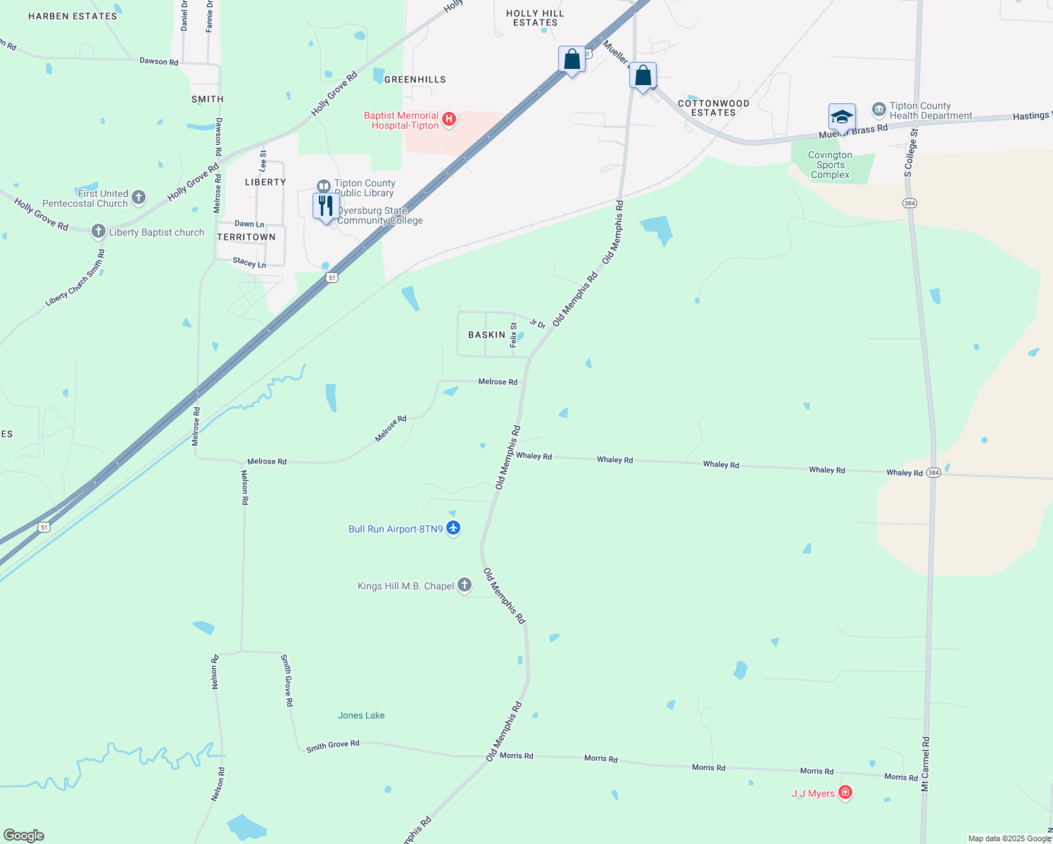 map of restaurants, bars, coffee shops, grocery stores, and more near 1486 Old Memphis Road in Covington