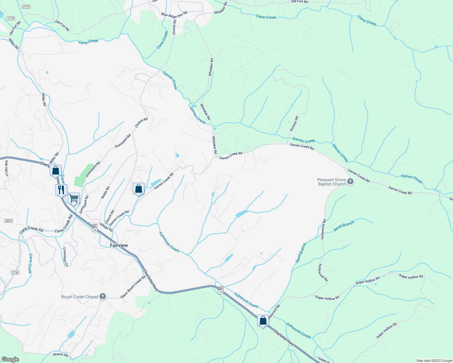 map of restaurants, bars, coffee shops, grocery stores, and more near James Lee Dr in Fairview